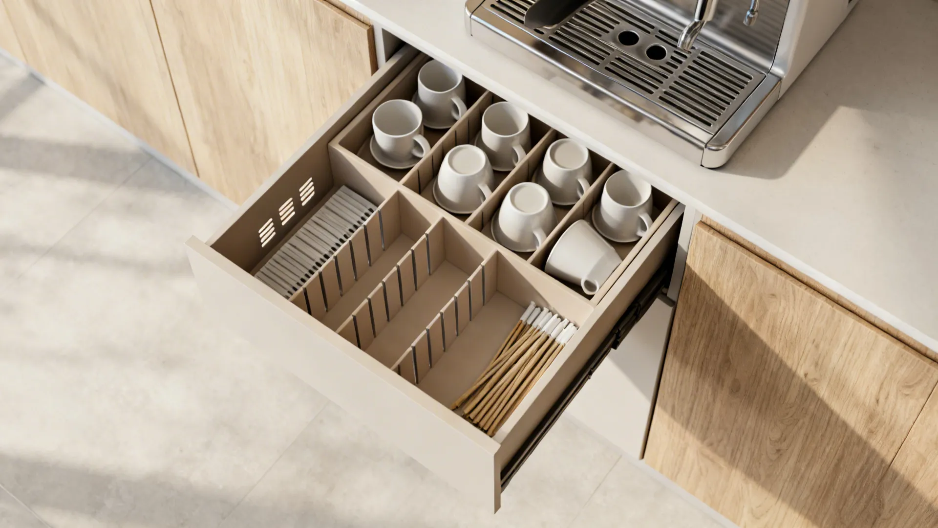 5) Slim cup holder drawer in the coffee station