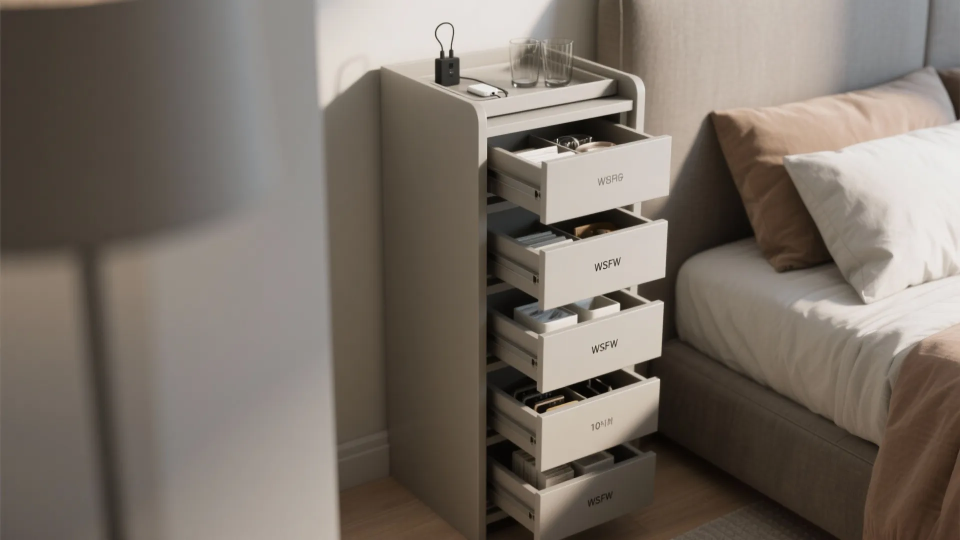 Modern grey slim storage cabinet with multiple open drawers beside a bed with white pillows
