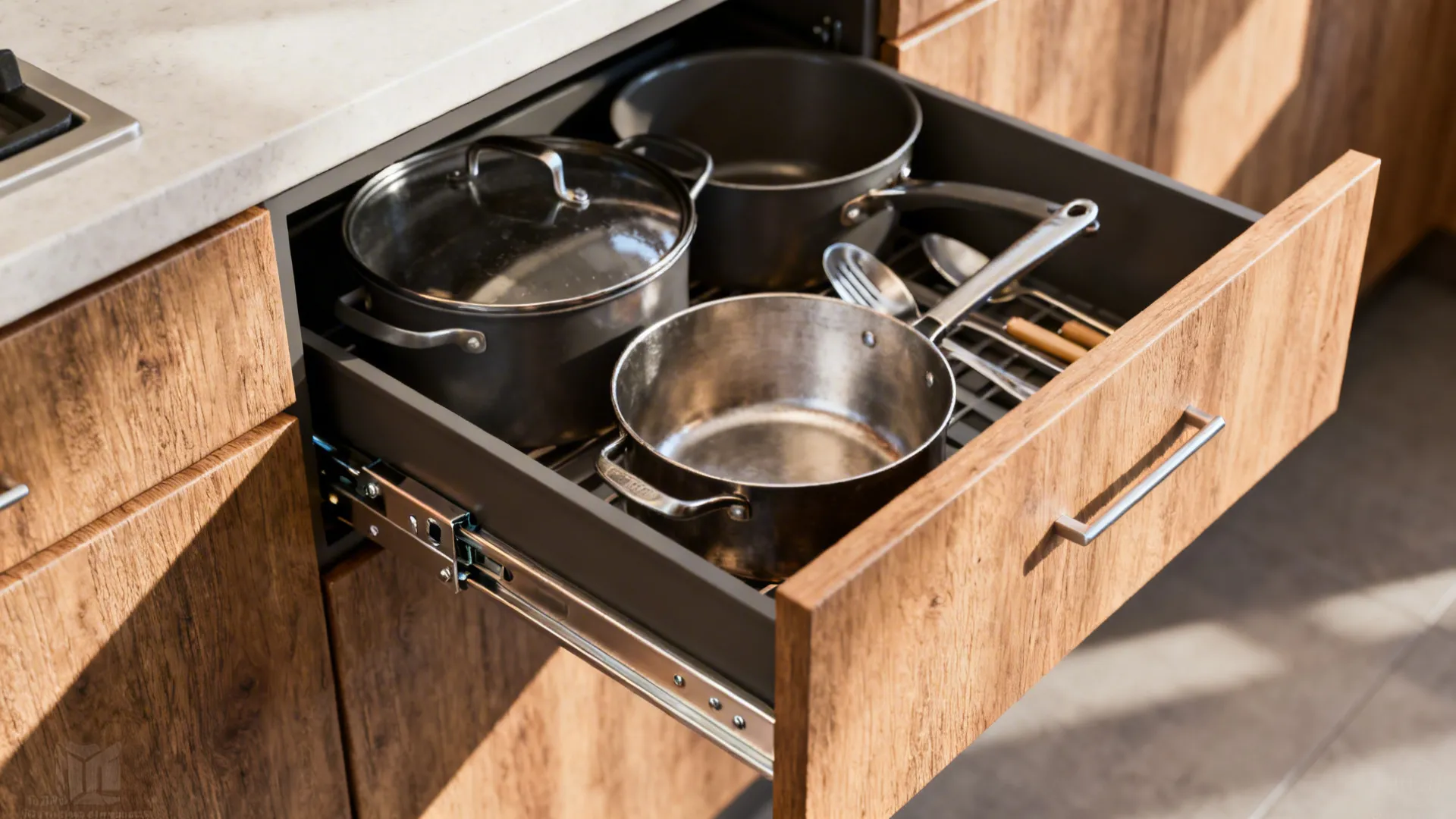 Close-up of a full-extension kitchen drawer with organized pots and utensils