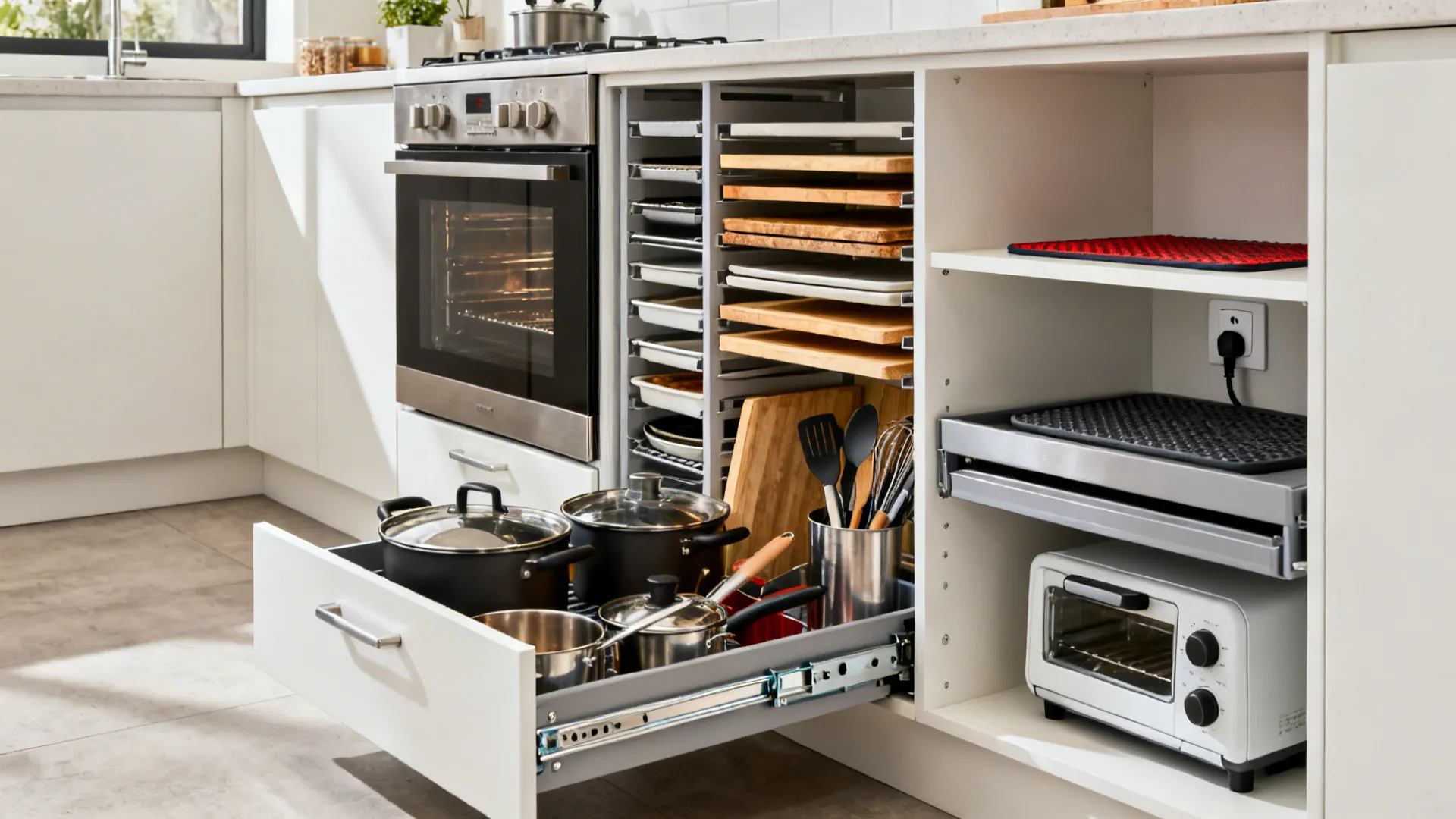 Base cabinets with slim full-extension drawers and vertical divider for trays and small appliances.