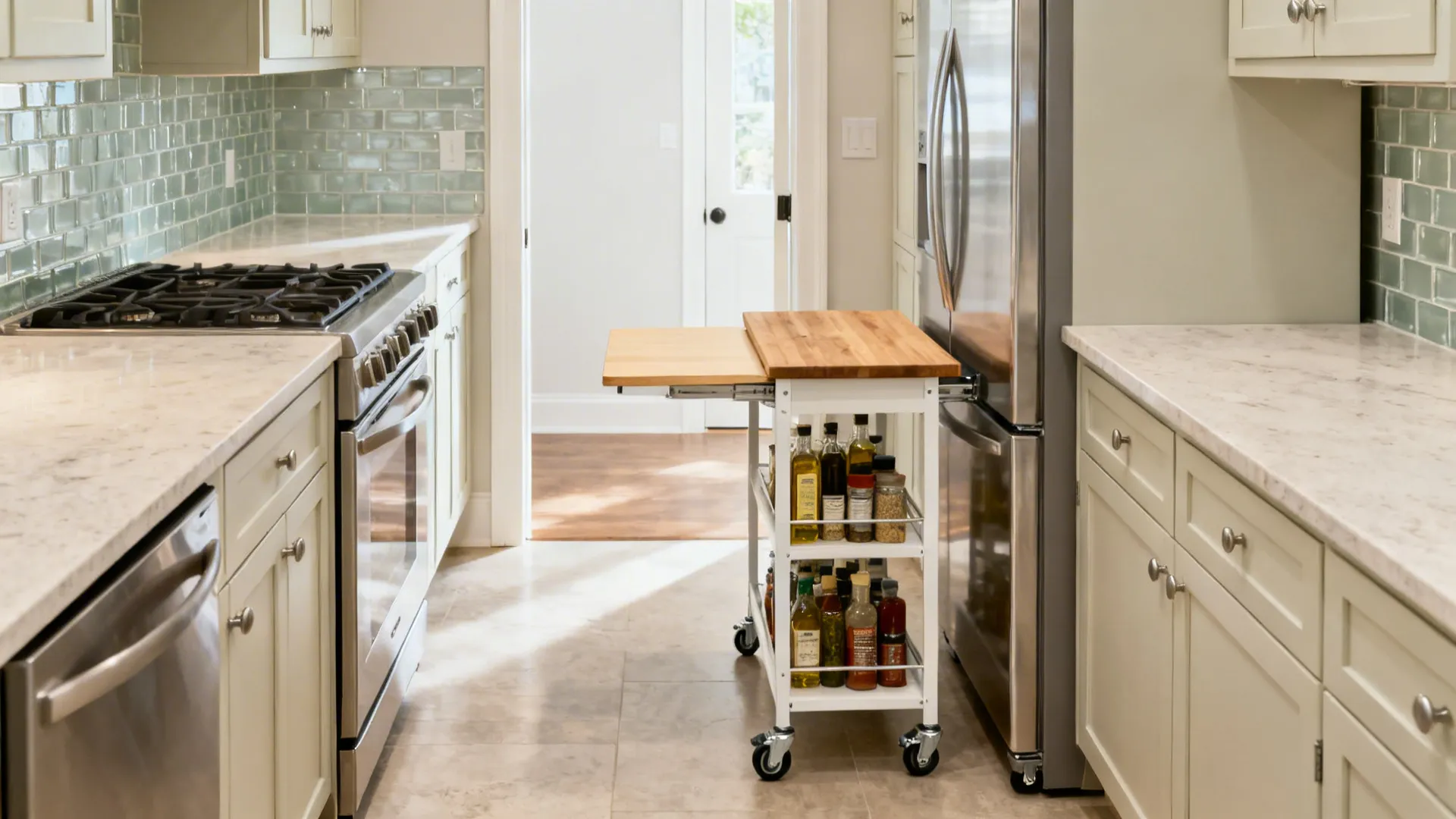 White kitchen rolling cart with wood top and spice bottles parked next to stainless refrigerator