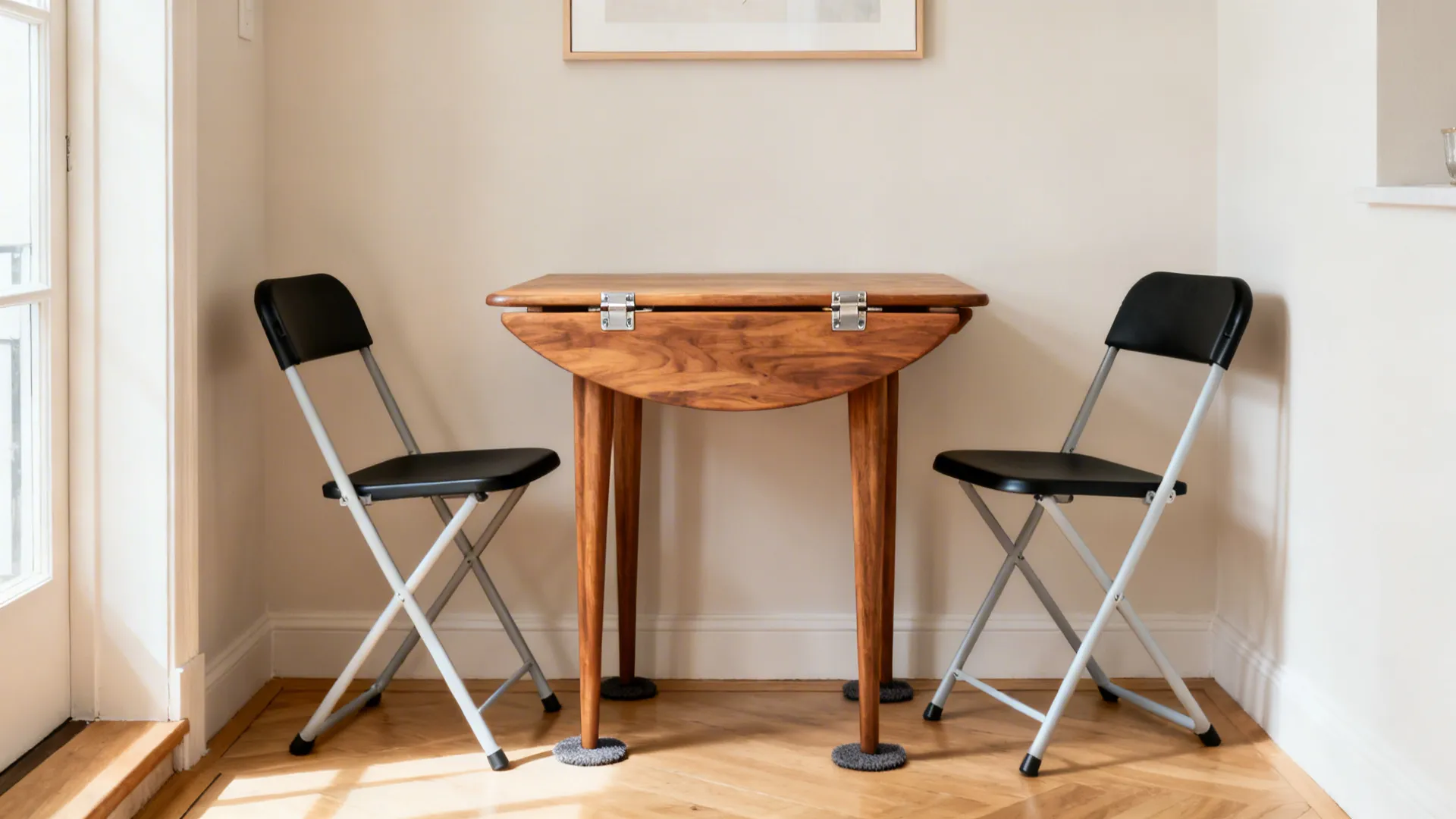 Slim drop-leaf table with two folding chairs against a wall in a bright studio dining corner.