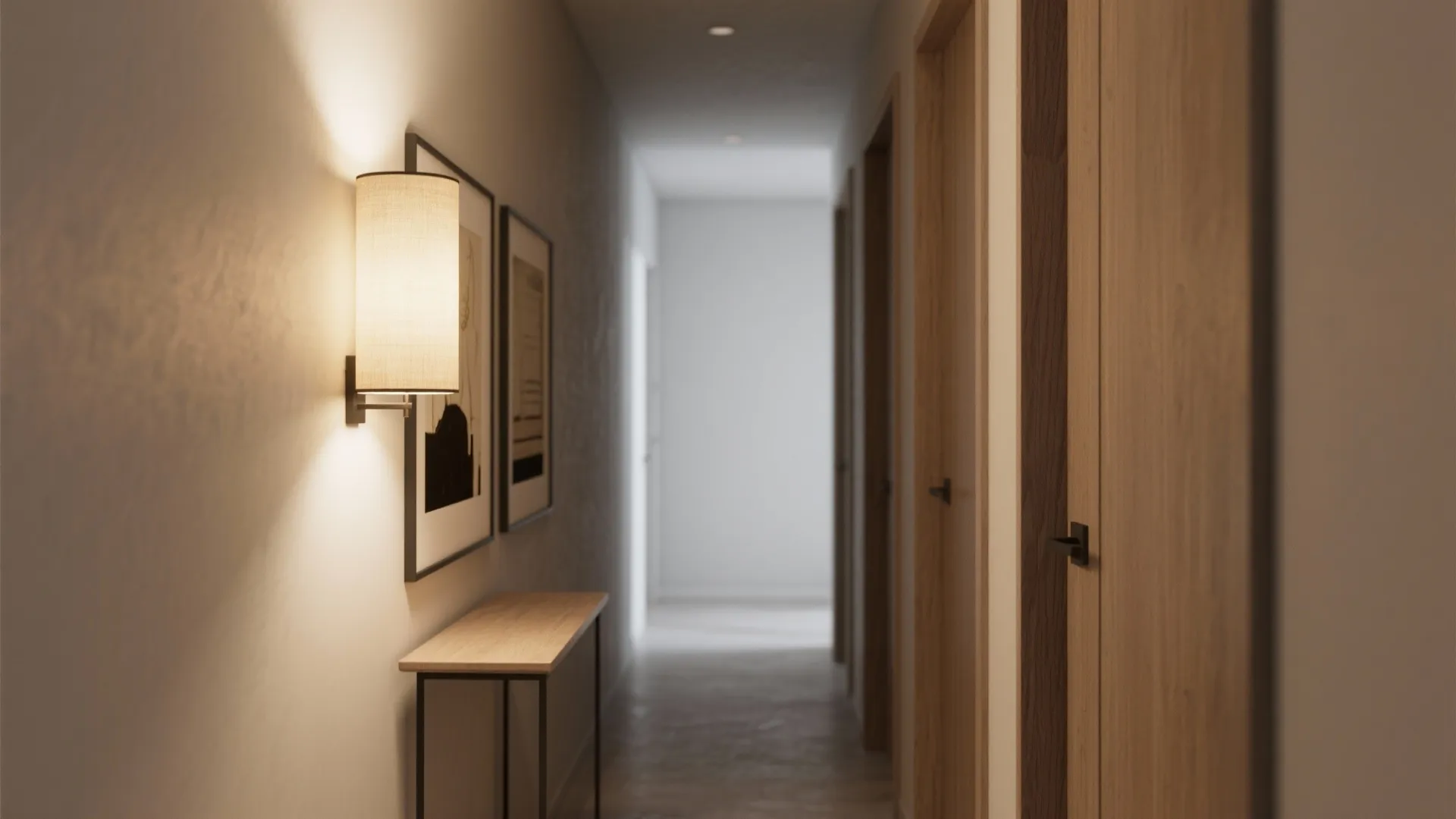 Minimalist narrow hallway with warm wall light wooden console table framed wall art and doors