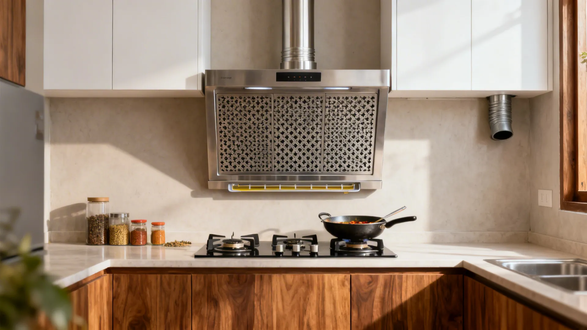 Slim stainless ducted chimney with baffle filters over a 3-burner hob in a compact kitchen.