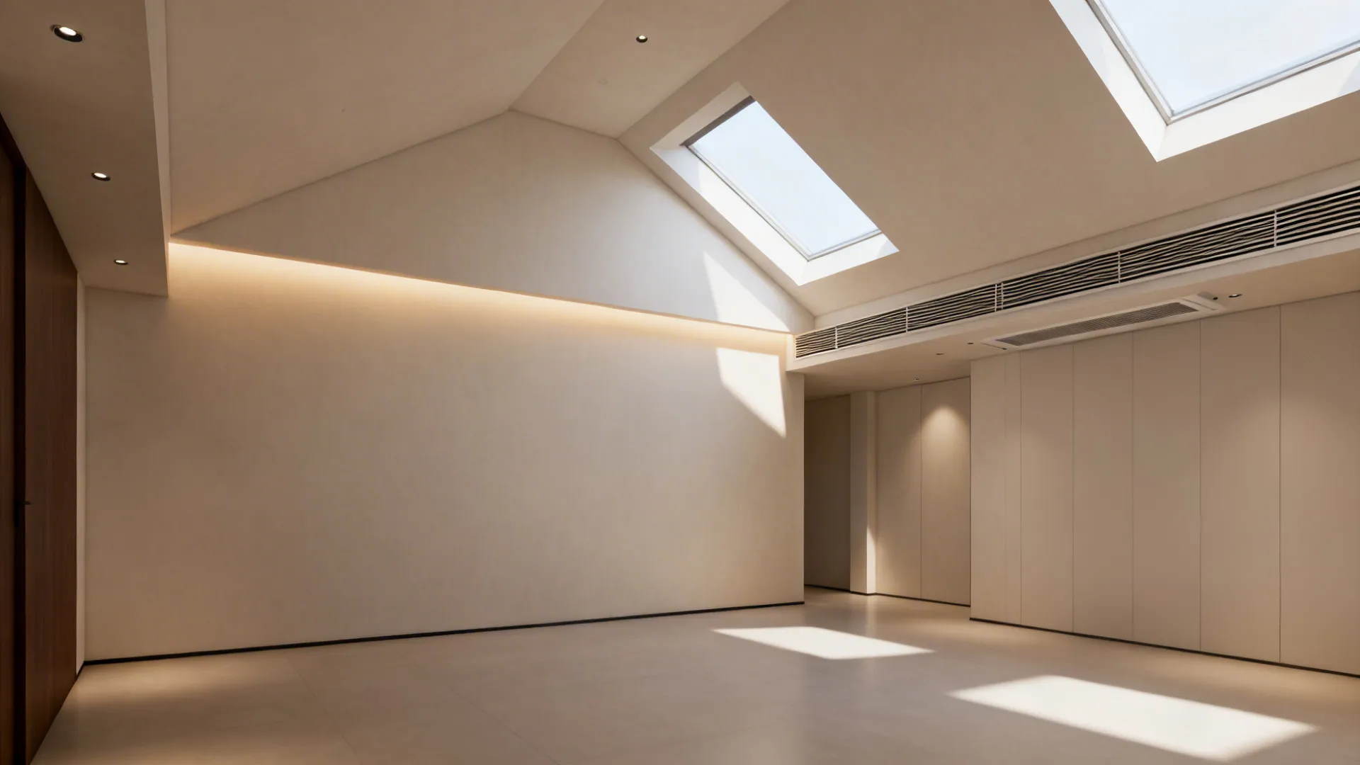 Loft interior with slim ducted air conditioning hidden in the ceiling and subtle ceiling grilles.