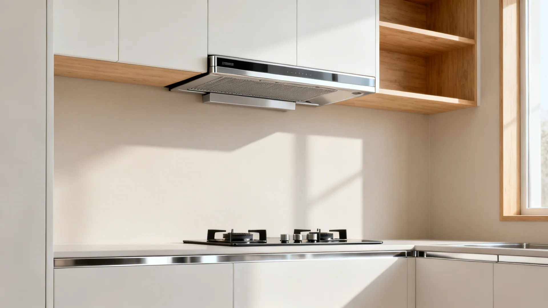 Slim ducted range hood integrated into shallow cabinet above a small cooktop in a minimalist kitchen.