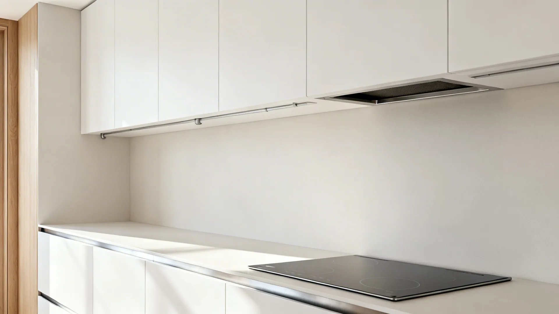 Slim ducted range hood concealed in upper cabinets of a tiny galley kitchen with flat ducting.