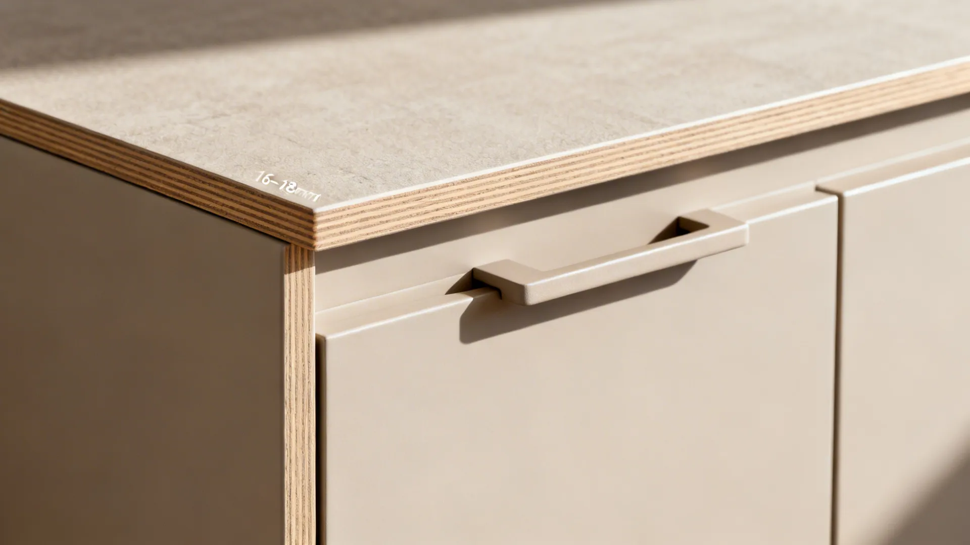Macro of slim cabinet carcass with precise edge banding and integrated pull.