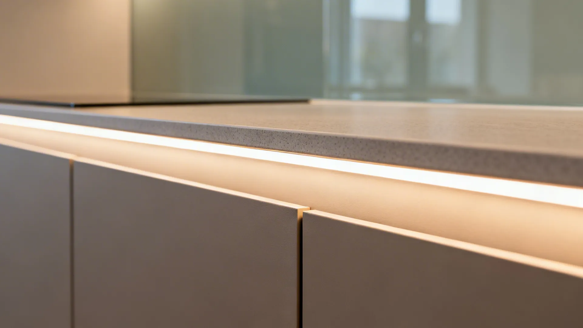 Macro of a 20 mm countertop edge with warm under-cabinet LED light on a glass backsplash.