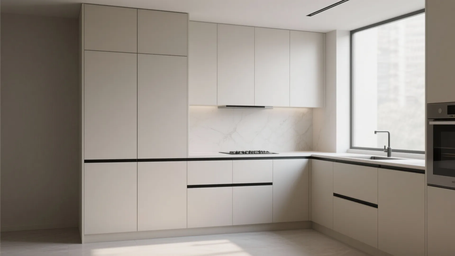 Minimalist white kitchen layout featuring sleek cabinets black door handles and a large bright window