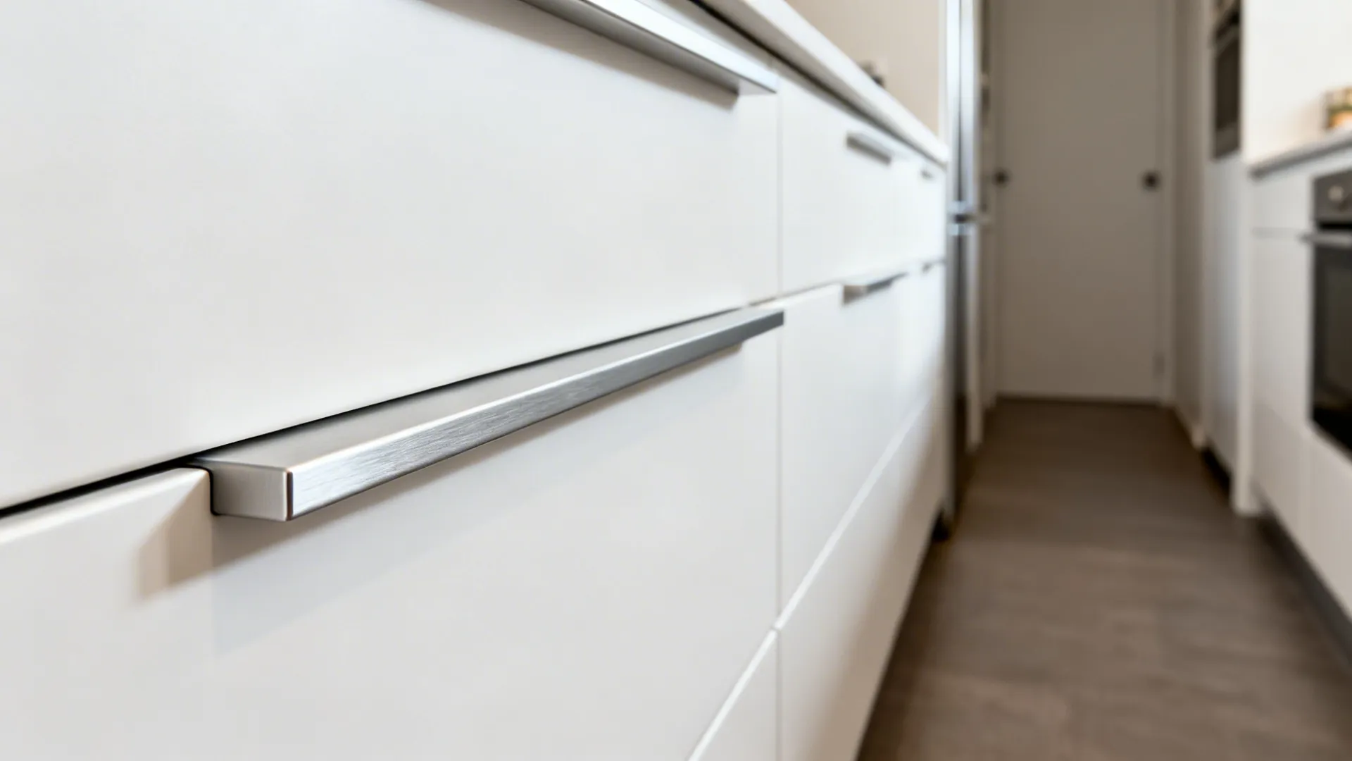 Close-up of anodized aluminum slim edge pulls on matte white drawers.