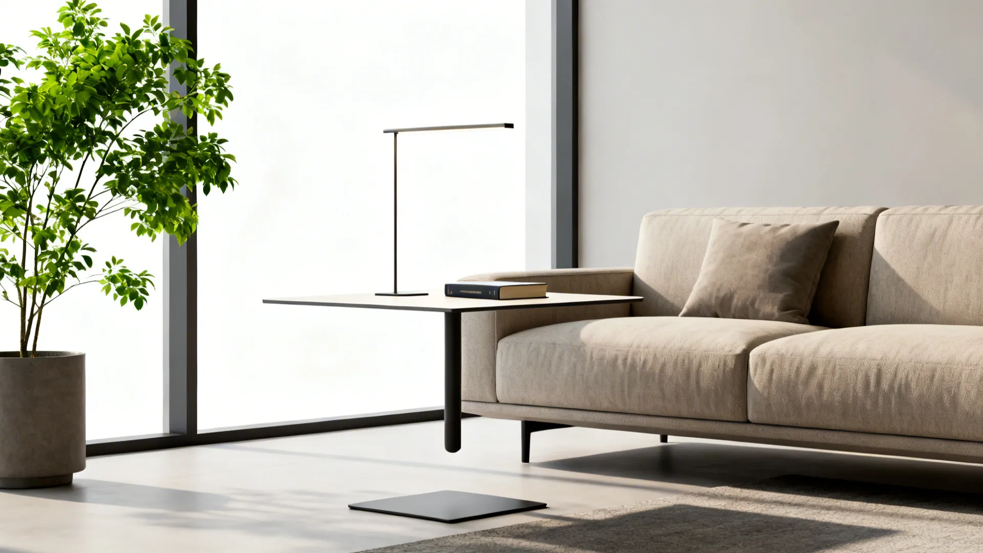 Slim edge square side table close to a sofa creating a floating visual effect