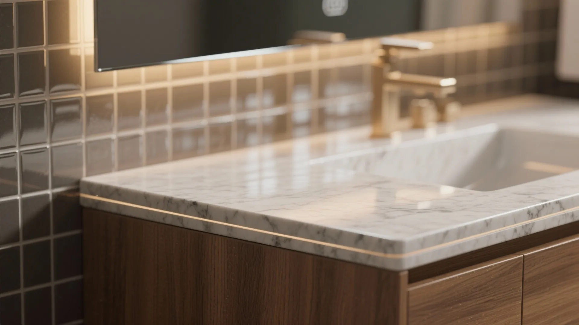 Modern bathroom close up showing marble stone counter top with wood cabinet and gold water tap