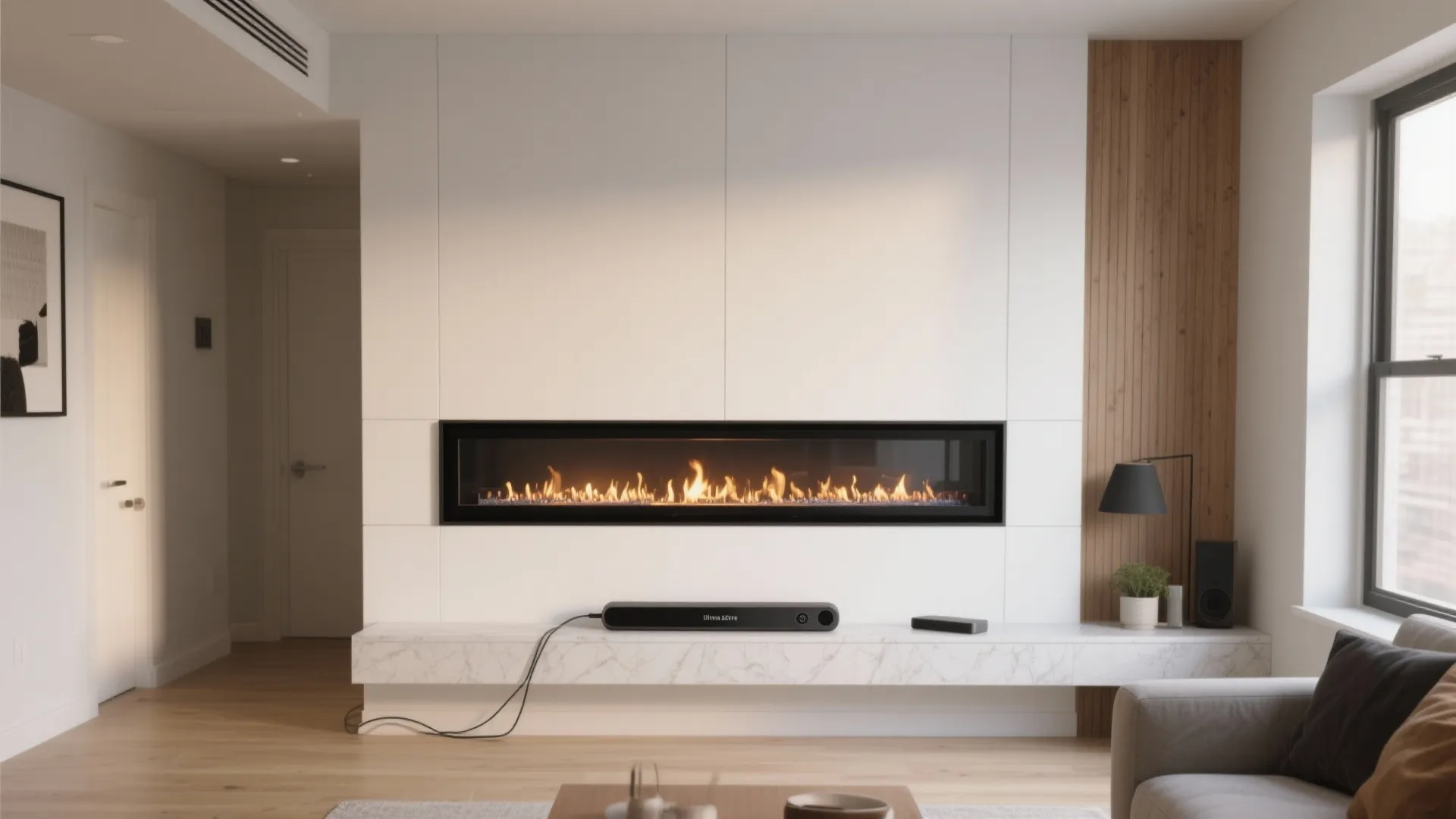 Ultra-slim built-in electric fireplace wall in a small living room with flush surround and minimal shelf.