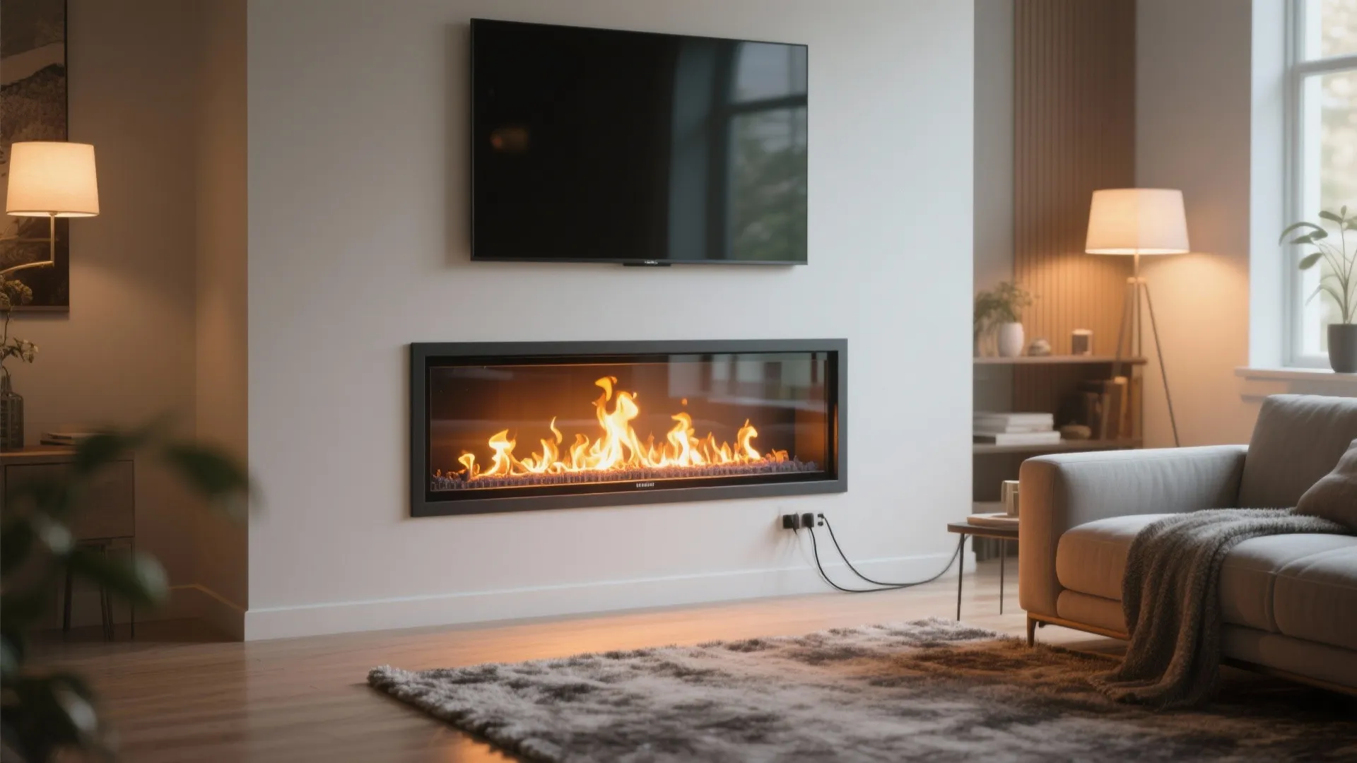 Shallow electric fireplace insert in a minimalist media wall of a small living room.