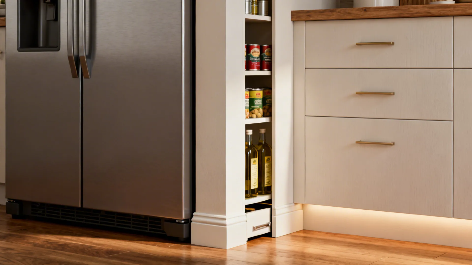 Slim full-height end panel pantry open showing narrow shelves tucked beside fridge