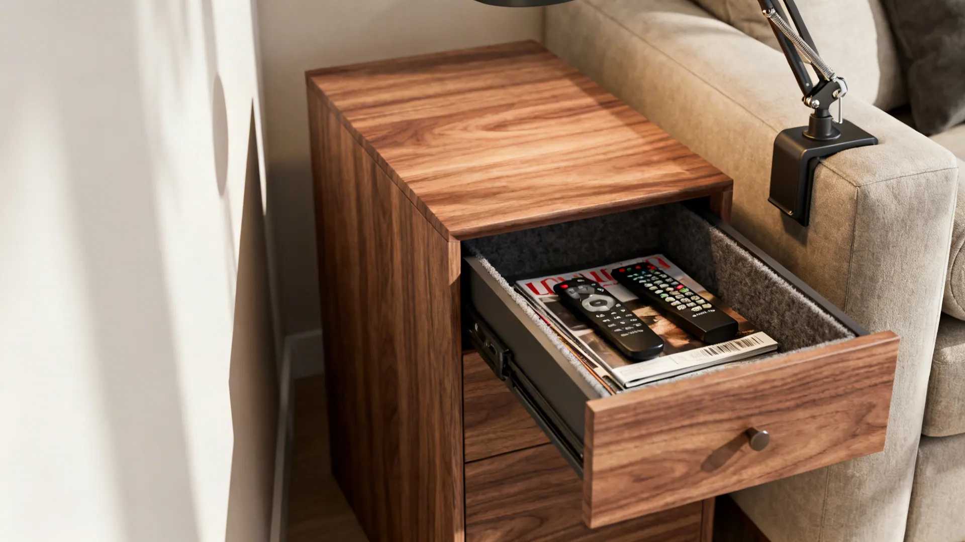 Slim vertical end table in a narrow sofa gap with a deep drawer open showing remotes and magazines.