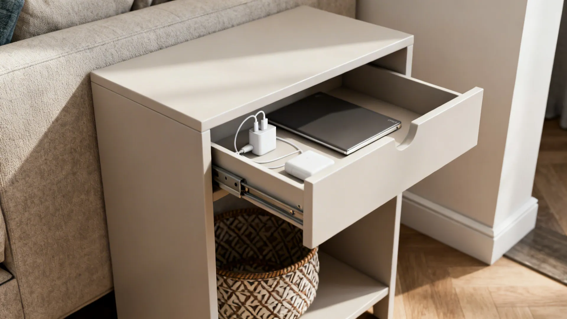 Slim end table with a small drawer and lower shelf storing chargers beside a sofa