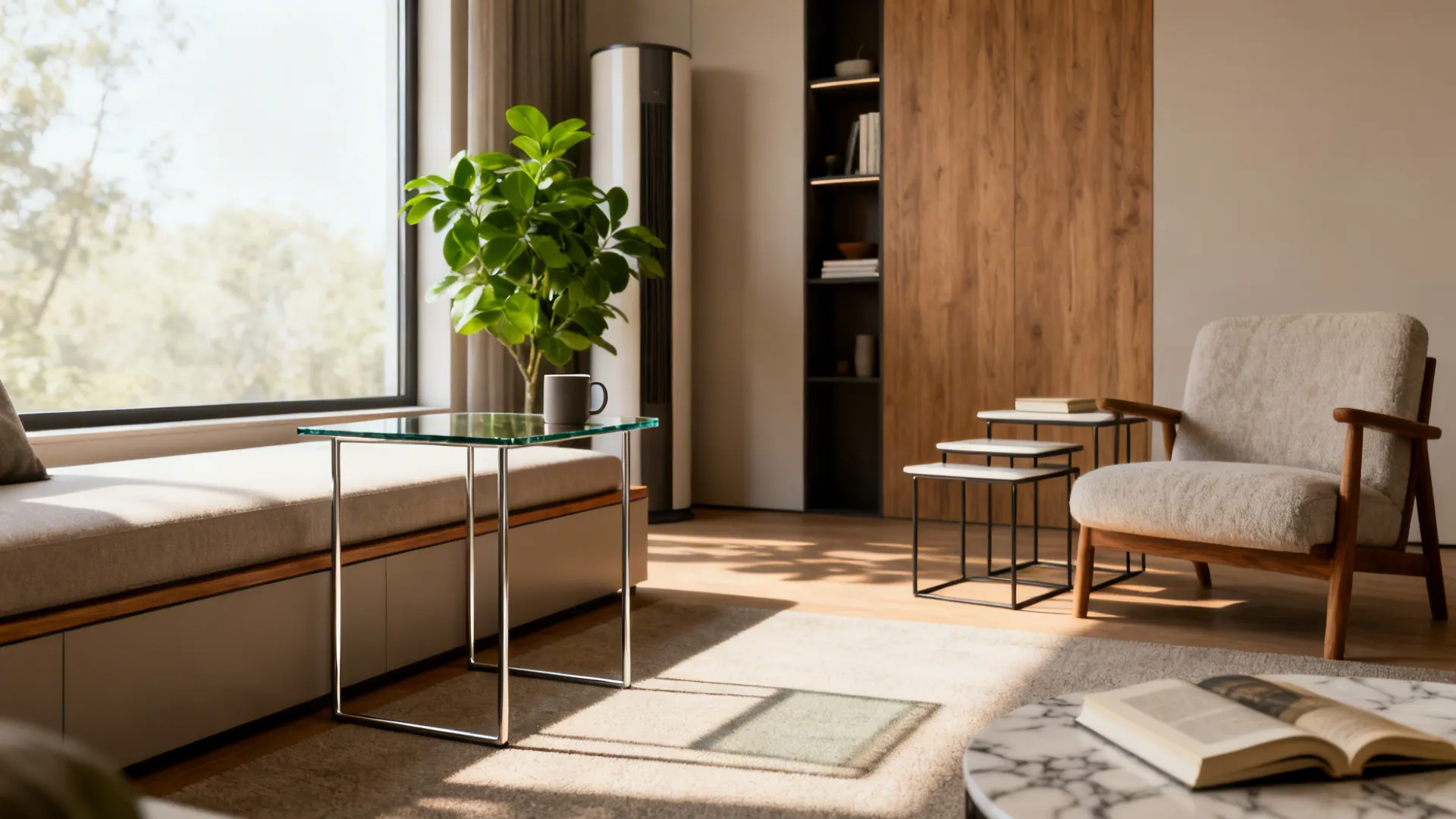 Modern living room with glass side table potted plant grey armchair and large sunlit window