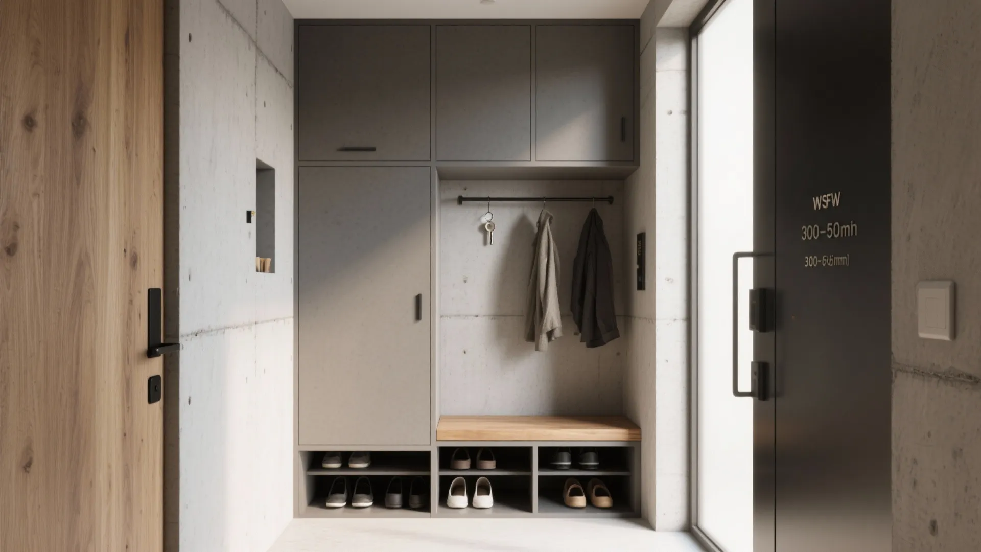 Entryway with grey storage cabinet wooden bench seat shoe rack and concrete wall in modern home