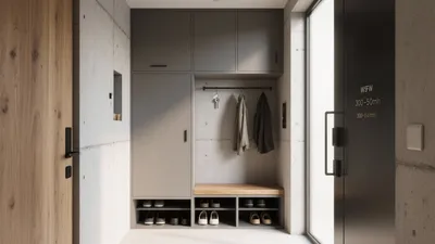 Modern Entryway with Concrete Walls & Built-In Storage