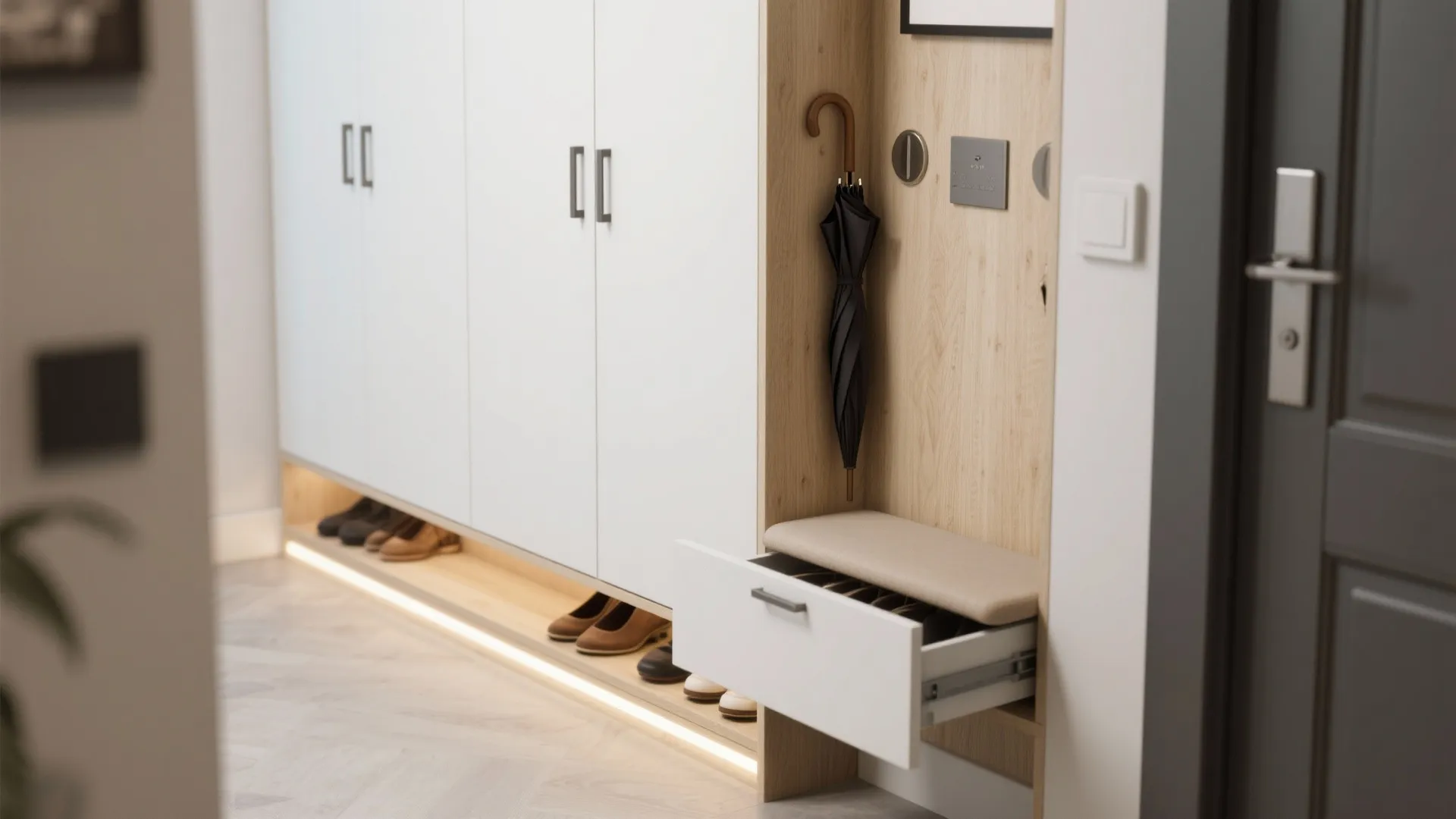 Built-in entry wall: slim storage, deep function