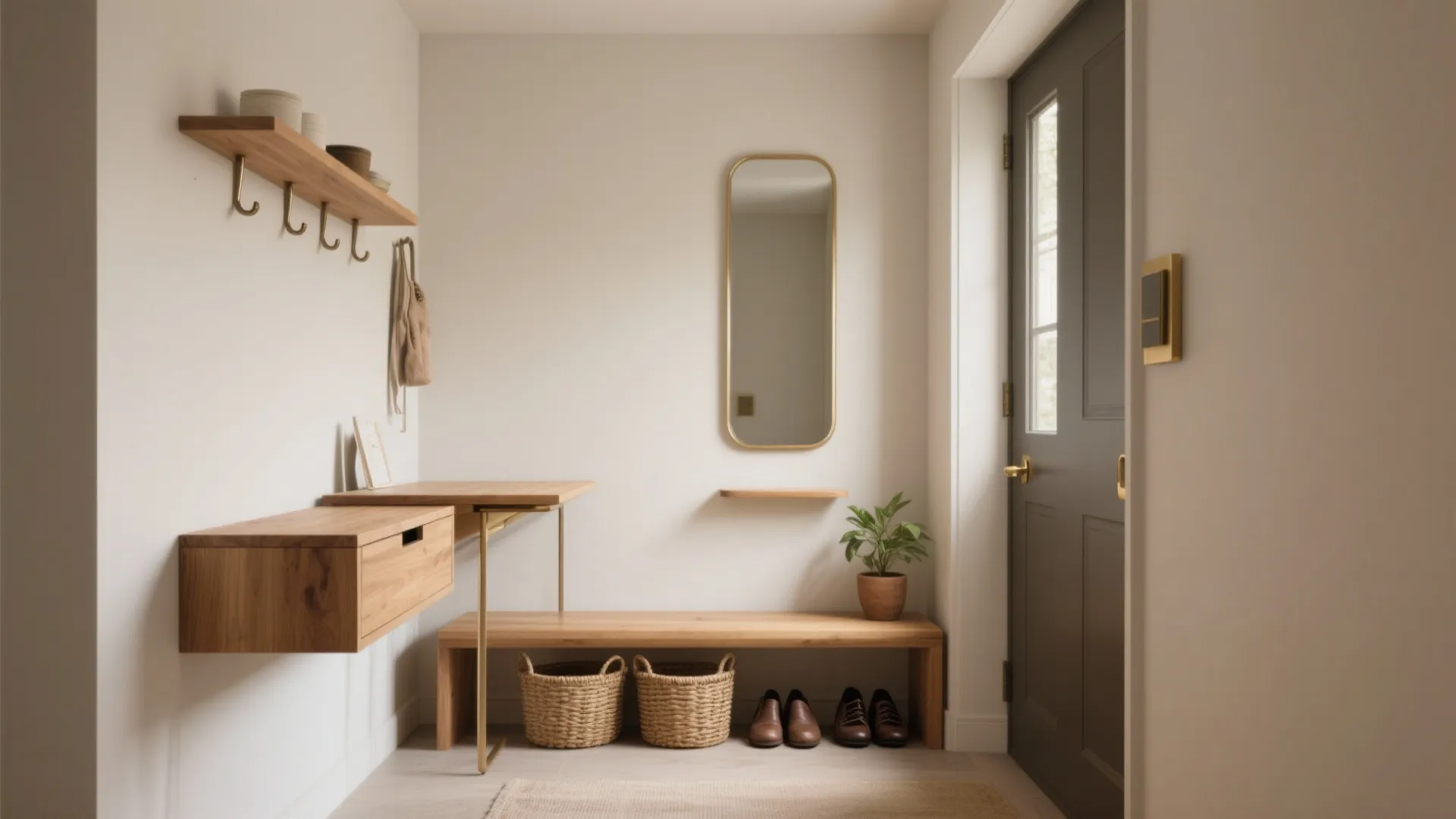 Entryway with wooden bench and baskets plus floating cabinet and mirror on a white wall
