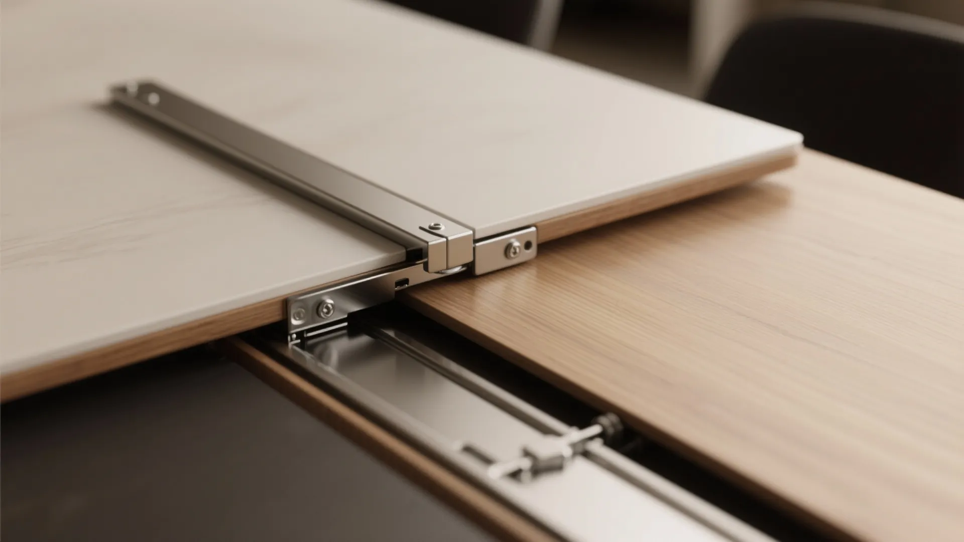 Close-up of a slim extendable table's butterfly leaf mechanism and wood grain detail.