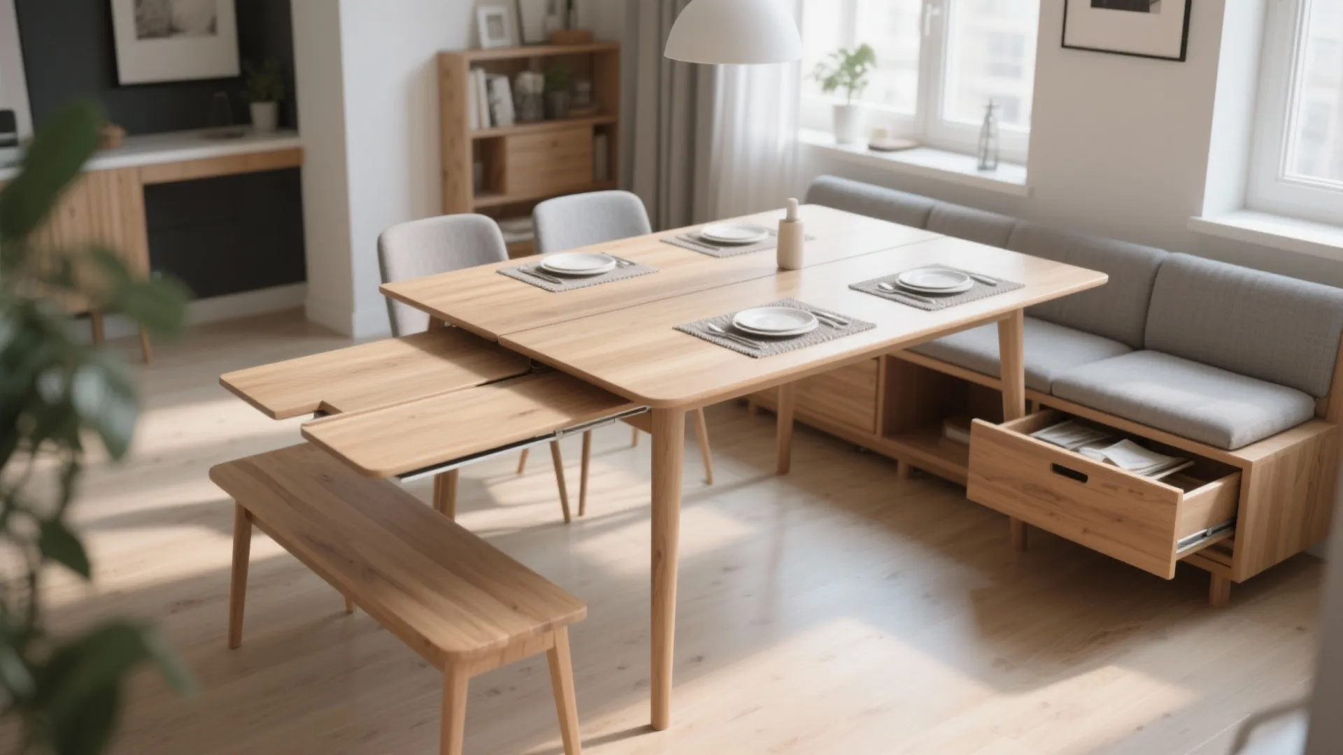 Modern wooden dining table with extension leaf mechanism plus matching bench and grey padded chairs