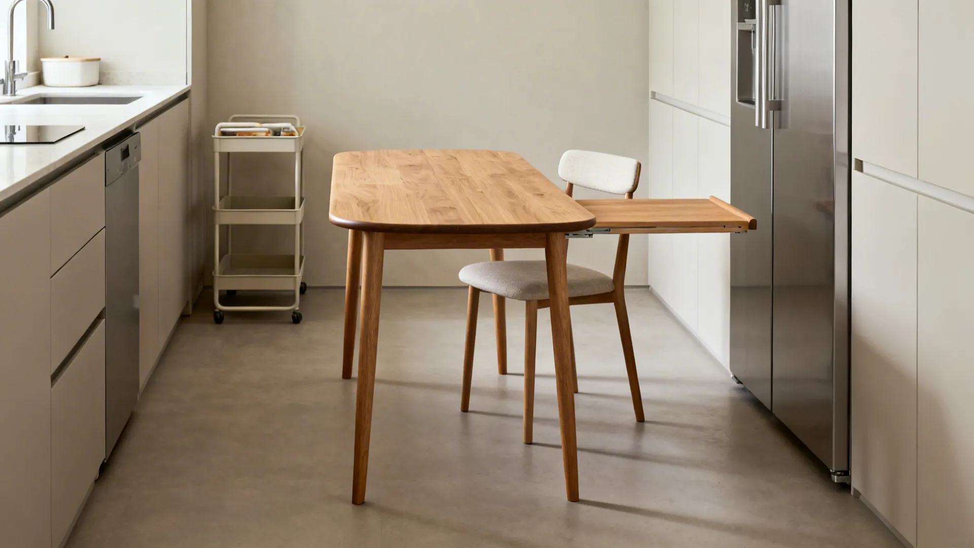 Slim extendable wooden table with rounded corners in a compact kitchen, leaving clear walkways.
