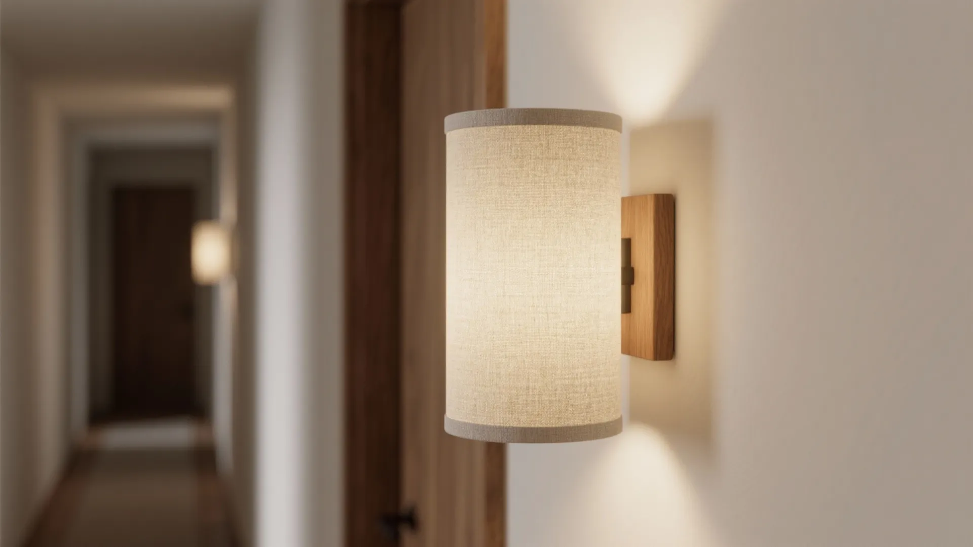 Cylindrical fabric wall light with wooden base mounted in a hallway providing warm ambient glow
