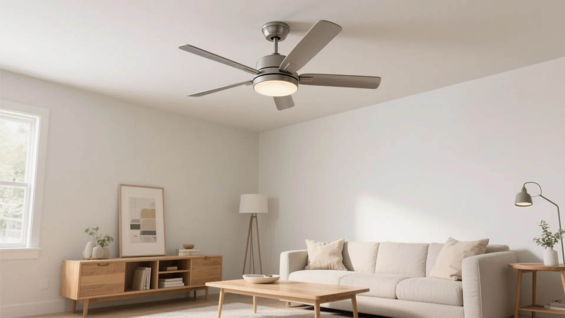 Ceiling fan with light in bright living room with beige sofa and wooden coffee table