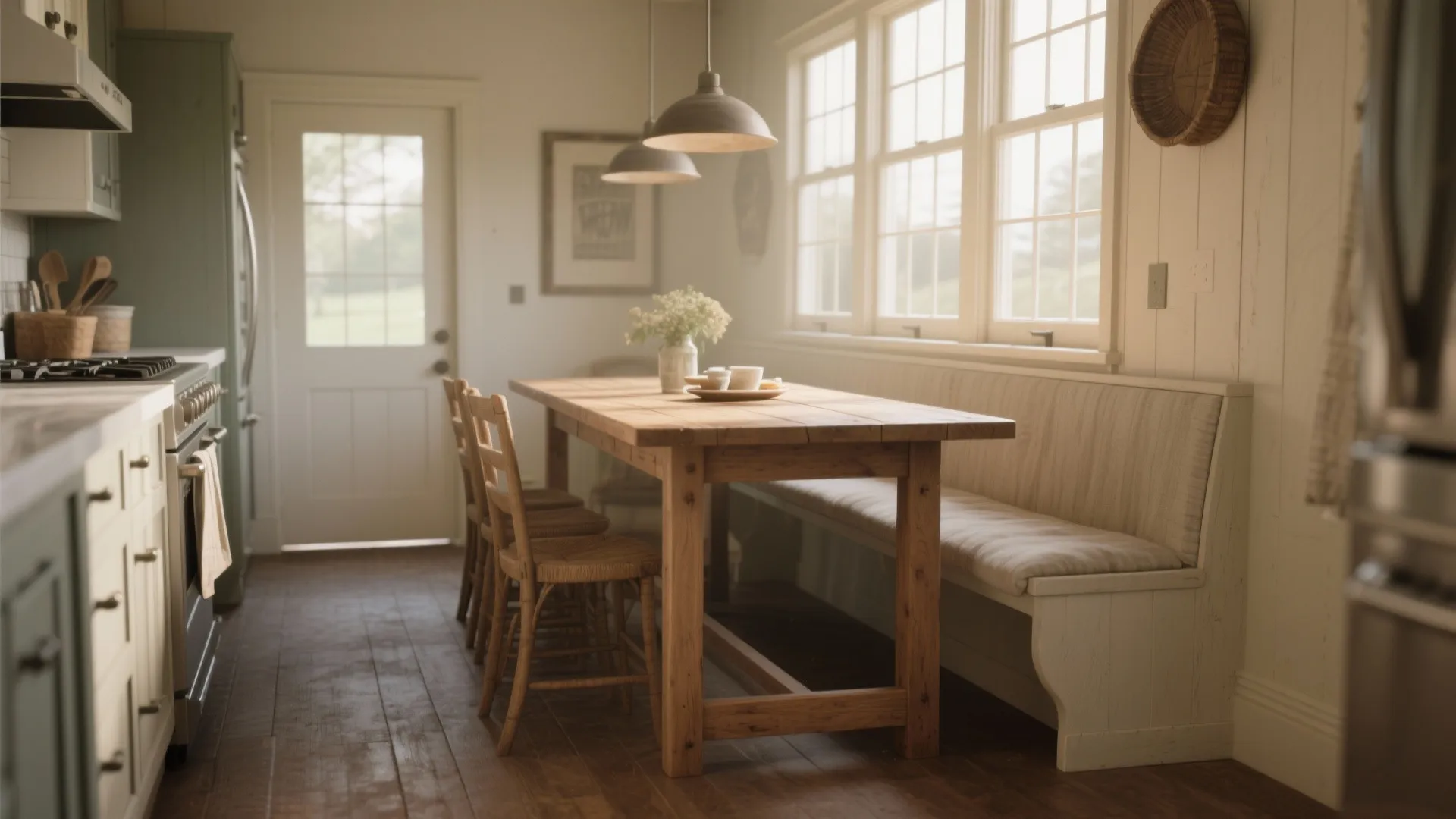 Farmhouse kitchen dining area featuring long wooden table with cushioned bench seat plus two ceiling lights