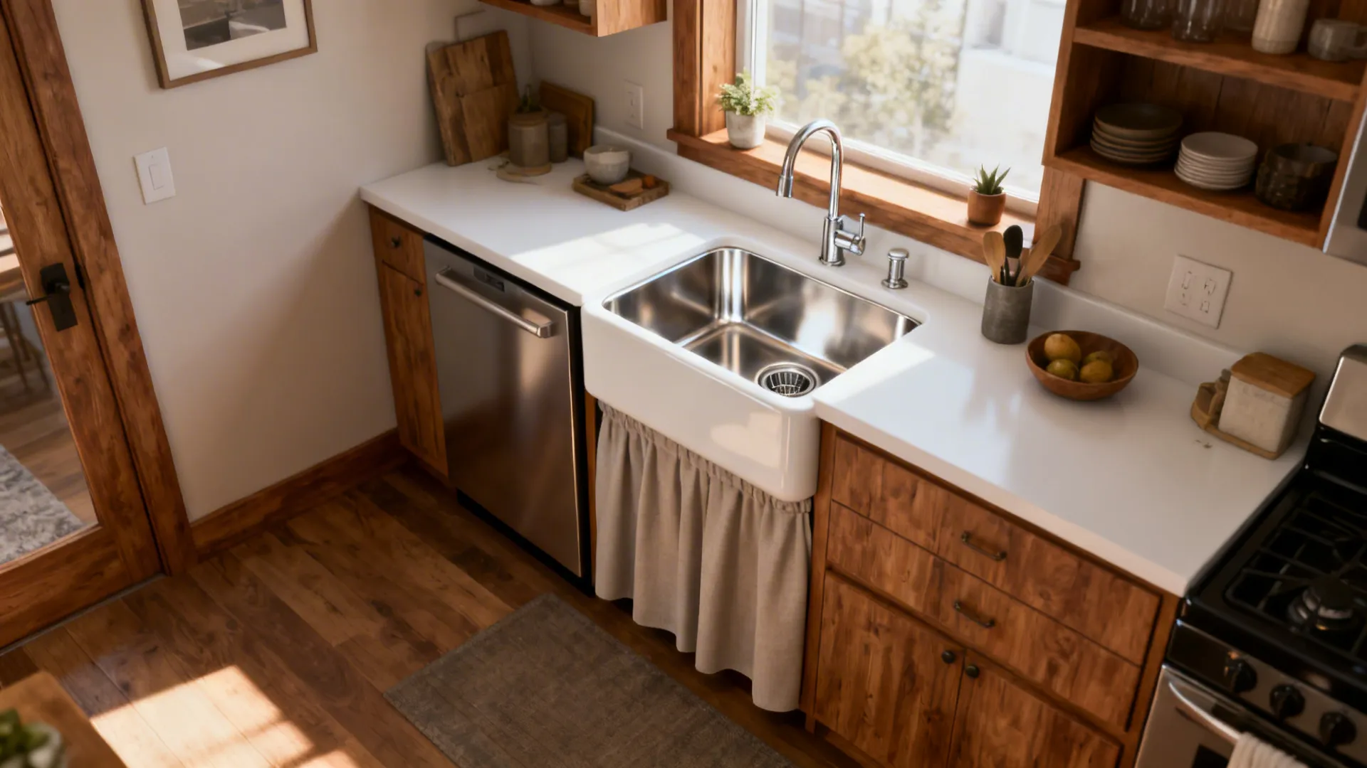 Compact kitchen with a slim apron-front farmhouse sink and rear-set drain for better storage.
