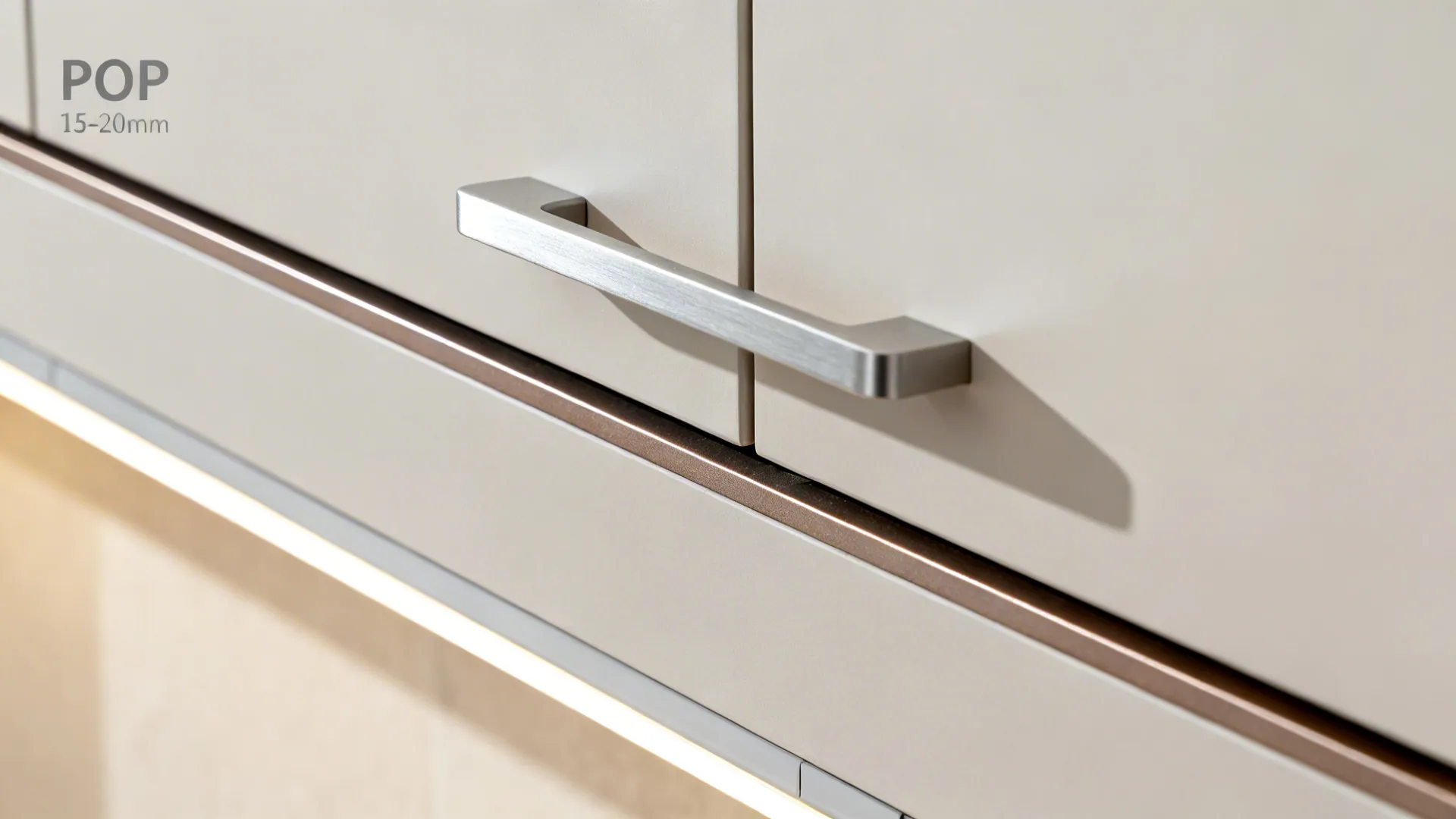 Macro of integrated cabinet pull and precise reveal to the POP ceiling line.