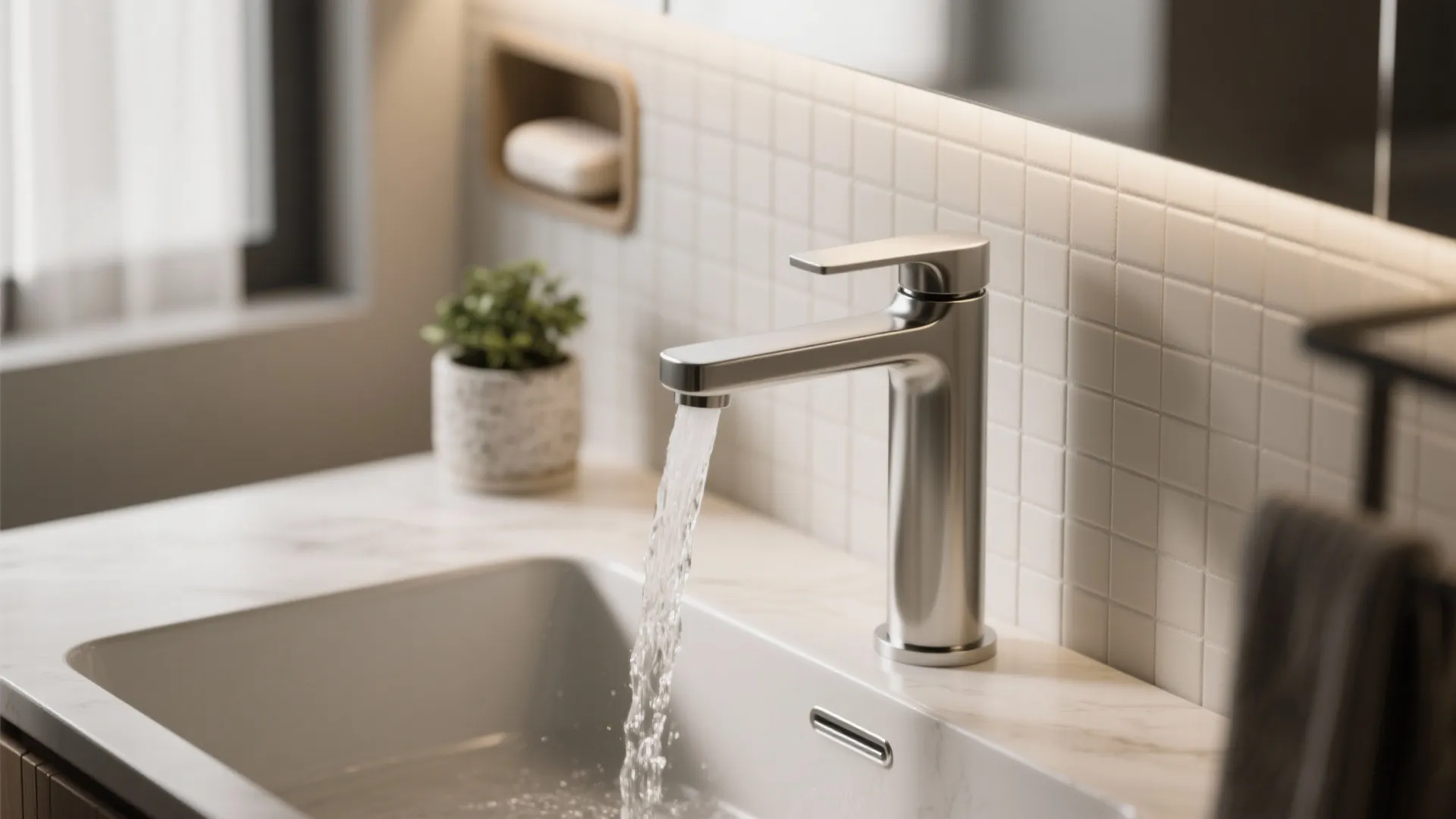 Close up of silver sink tap with running water in a modern bathroom with tiles