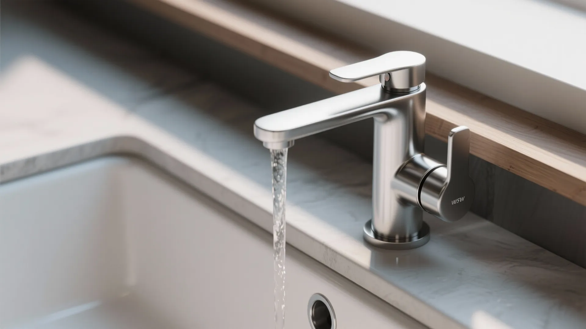 Macro view of a slim single-hole 3-way faucet with a small filtered-water outlet on a narrow counter.