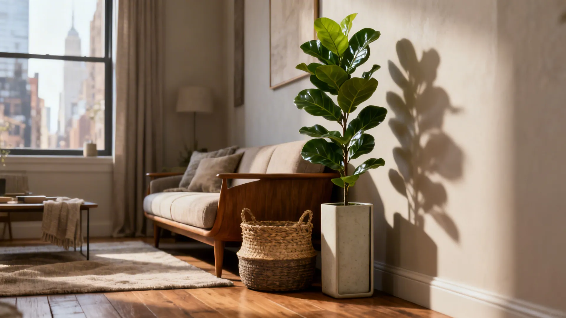 Cozy living room featuring green indoor plant wooden sofa woven basket and big city view