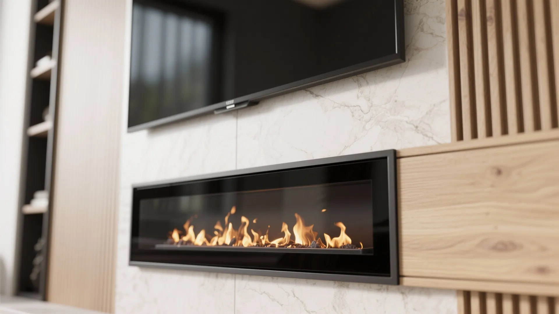 Macro of slim electric fireplace and mantel detail with textured panels.