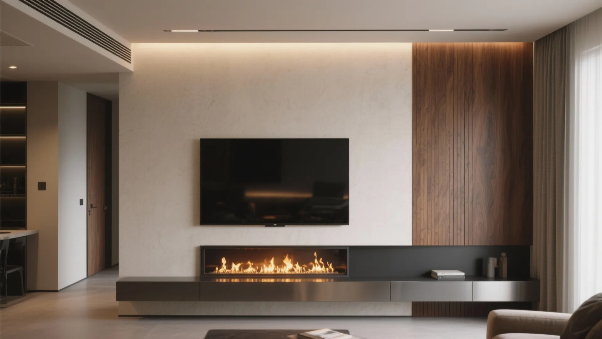 Modern living room featuring wall mounted television above long slim electric fireplace with wood paneling