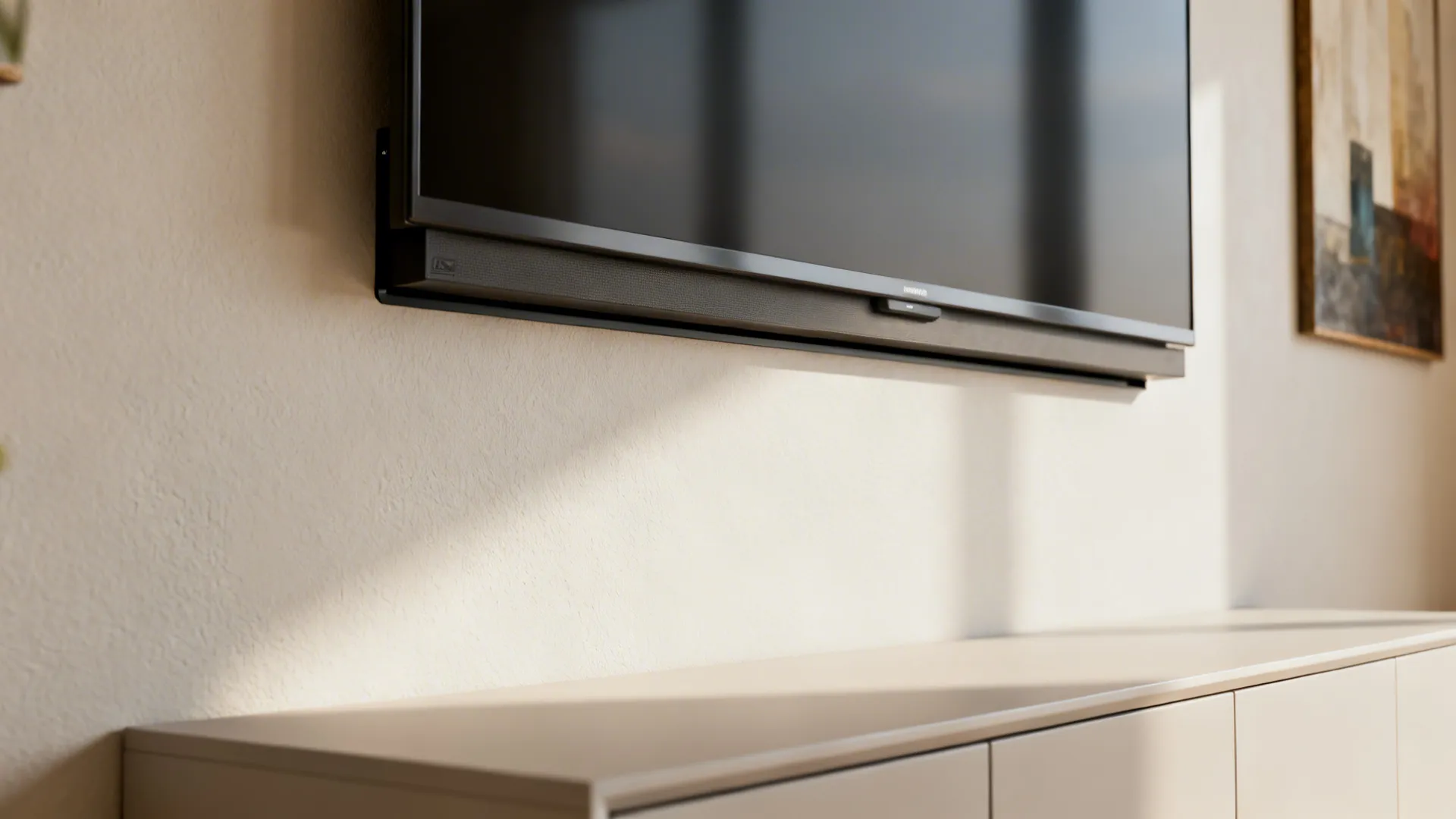 Close-up of a slim low-profile fixed TV mount flush against the wall above a low cabinet.