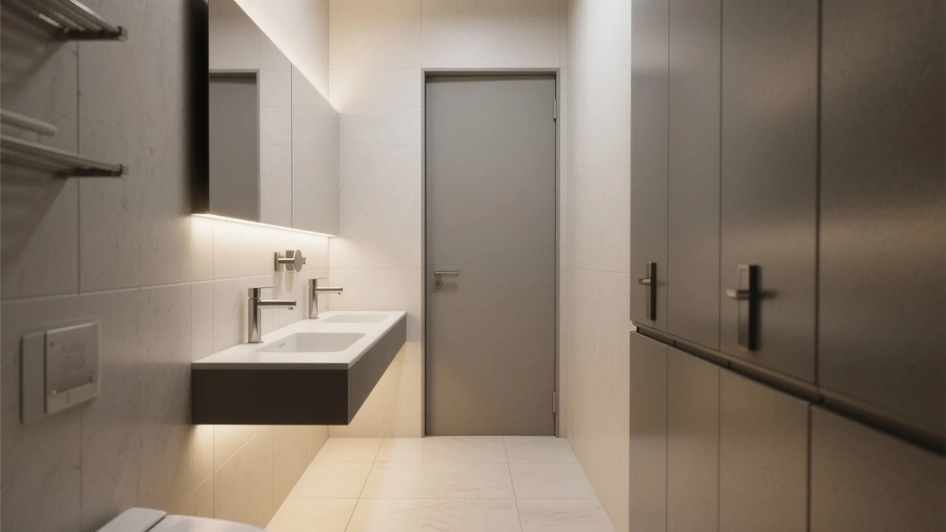 Modern bathroom with double sinks and vanity mirror along with grey door and large cabinets