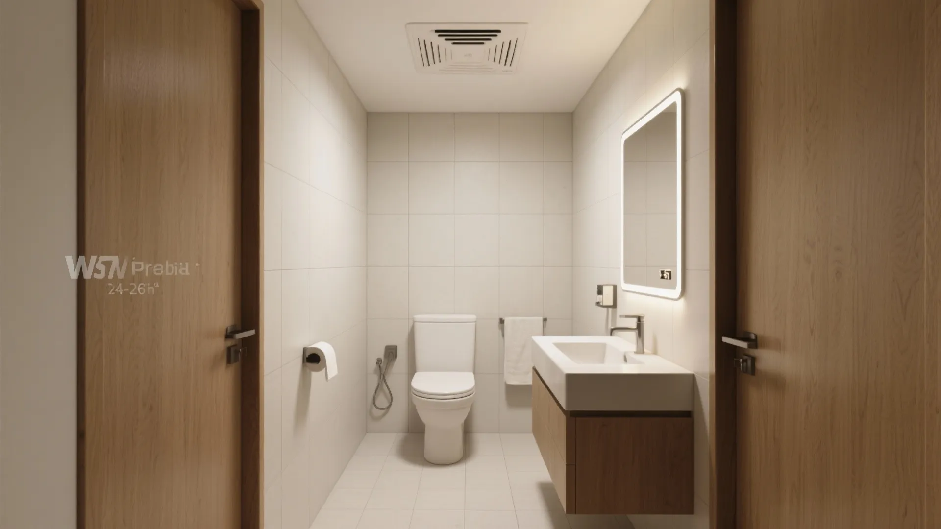 Modern white bathroom with wooden cabinet and sink plus toilet and a square wall light