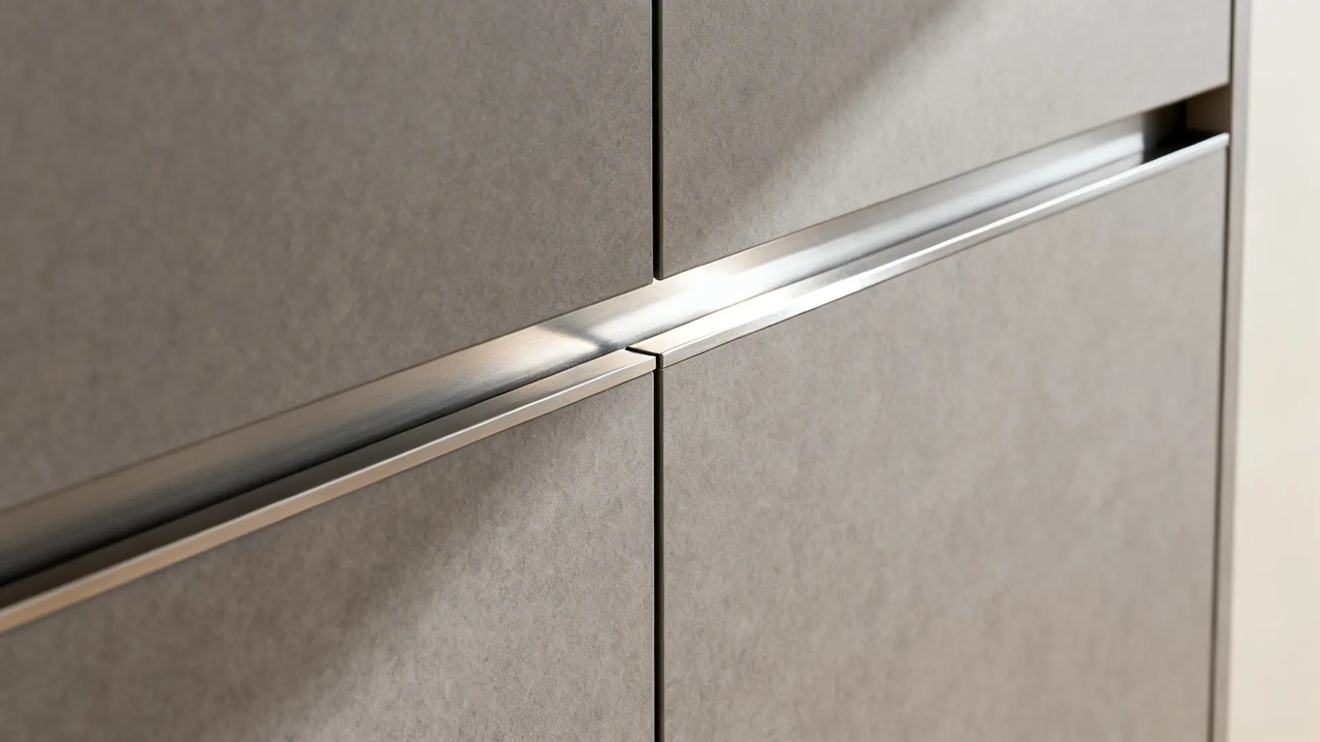 Macro of slim matte flat-panel cabinet with integrated handle channel in grey laminate.