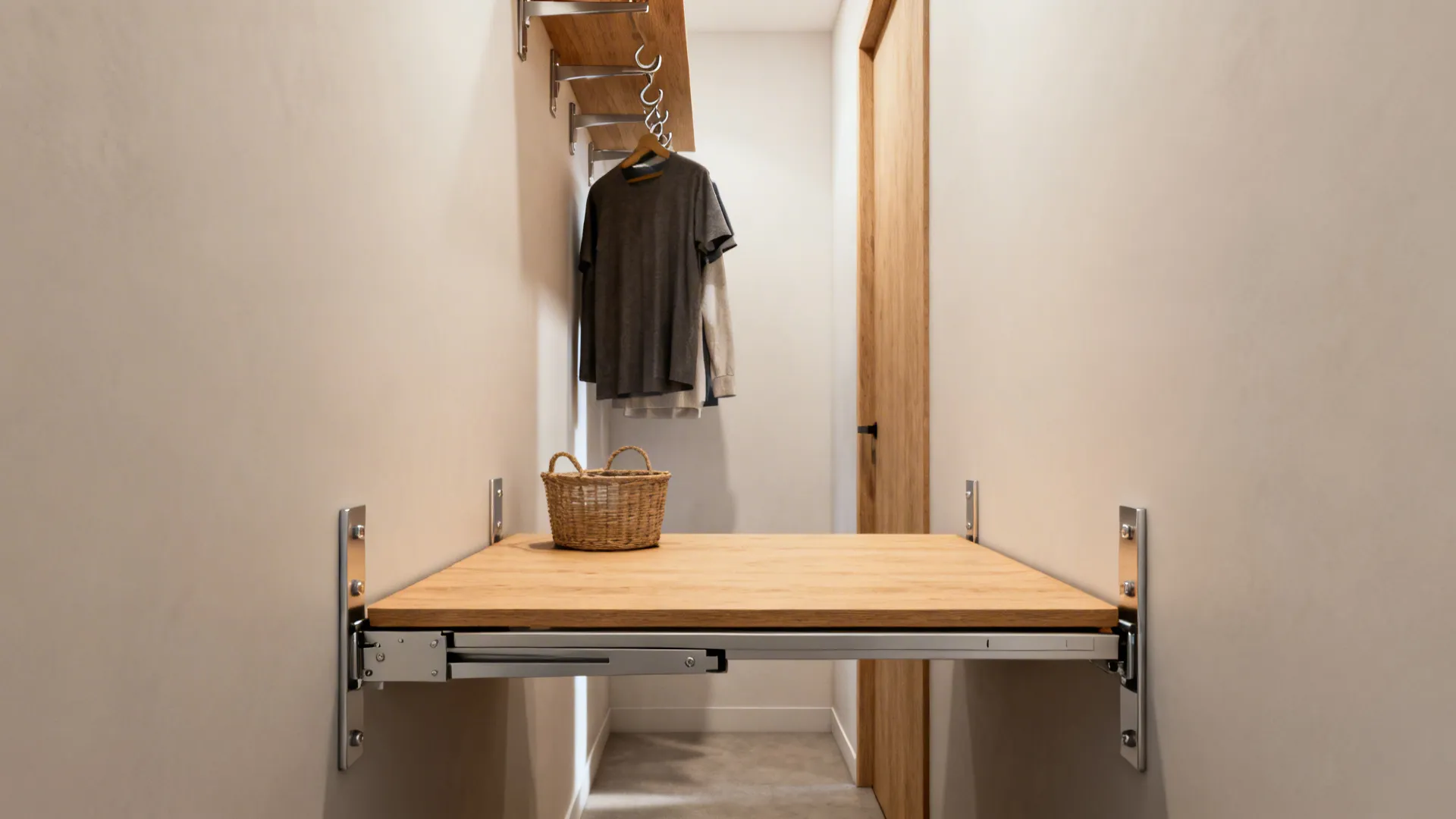 Narrow laundry corridor with a slim flip-down wooden table and integrated hooks holding clothes.