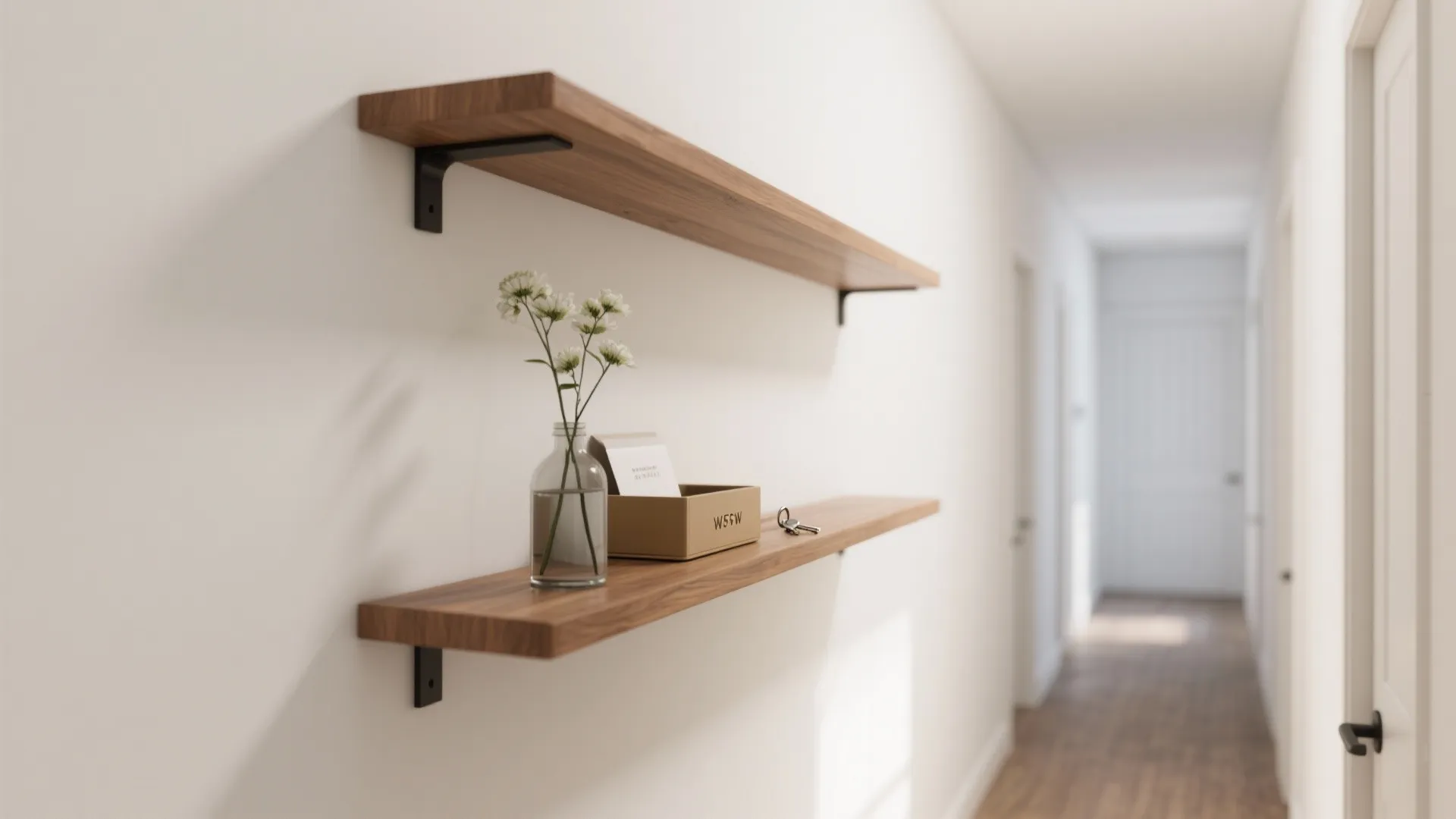 Staggered slim floating shelves in a tight hallway with minimal styling and soft daylight.