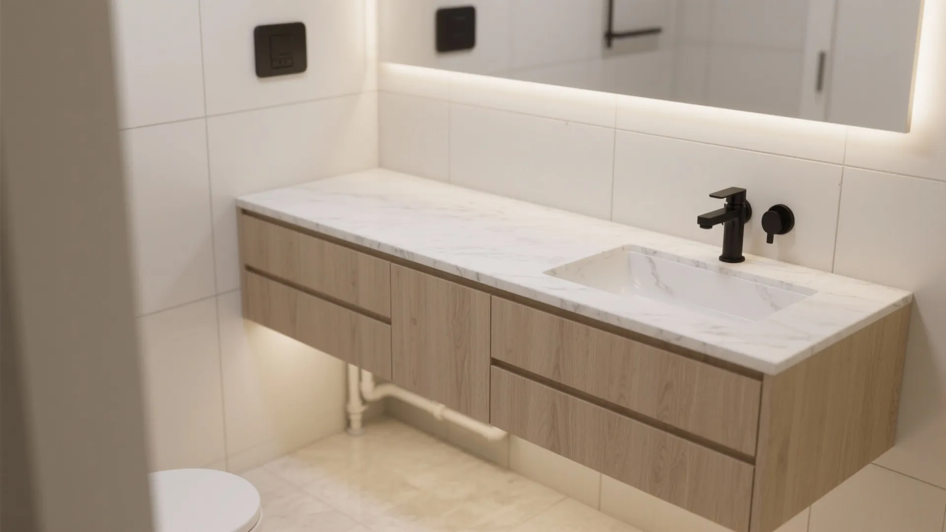 Wall mounted wooden bathroom cabinet with marble top black water tap and light under cabinet