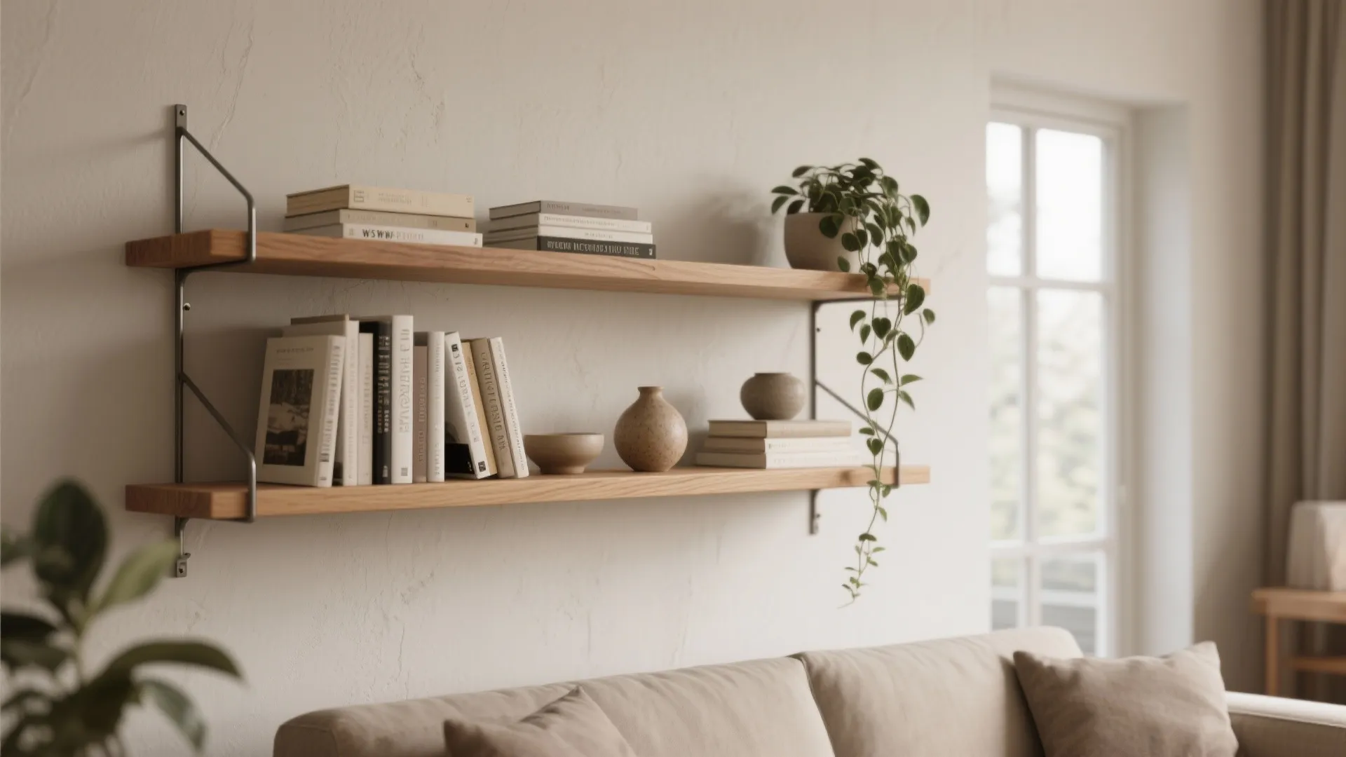 Two wooden wall shelves with books and plants above a beige sofa in a room