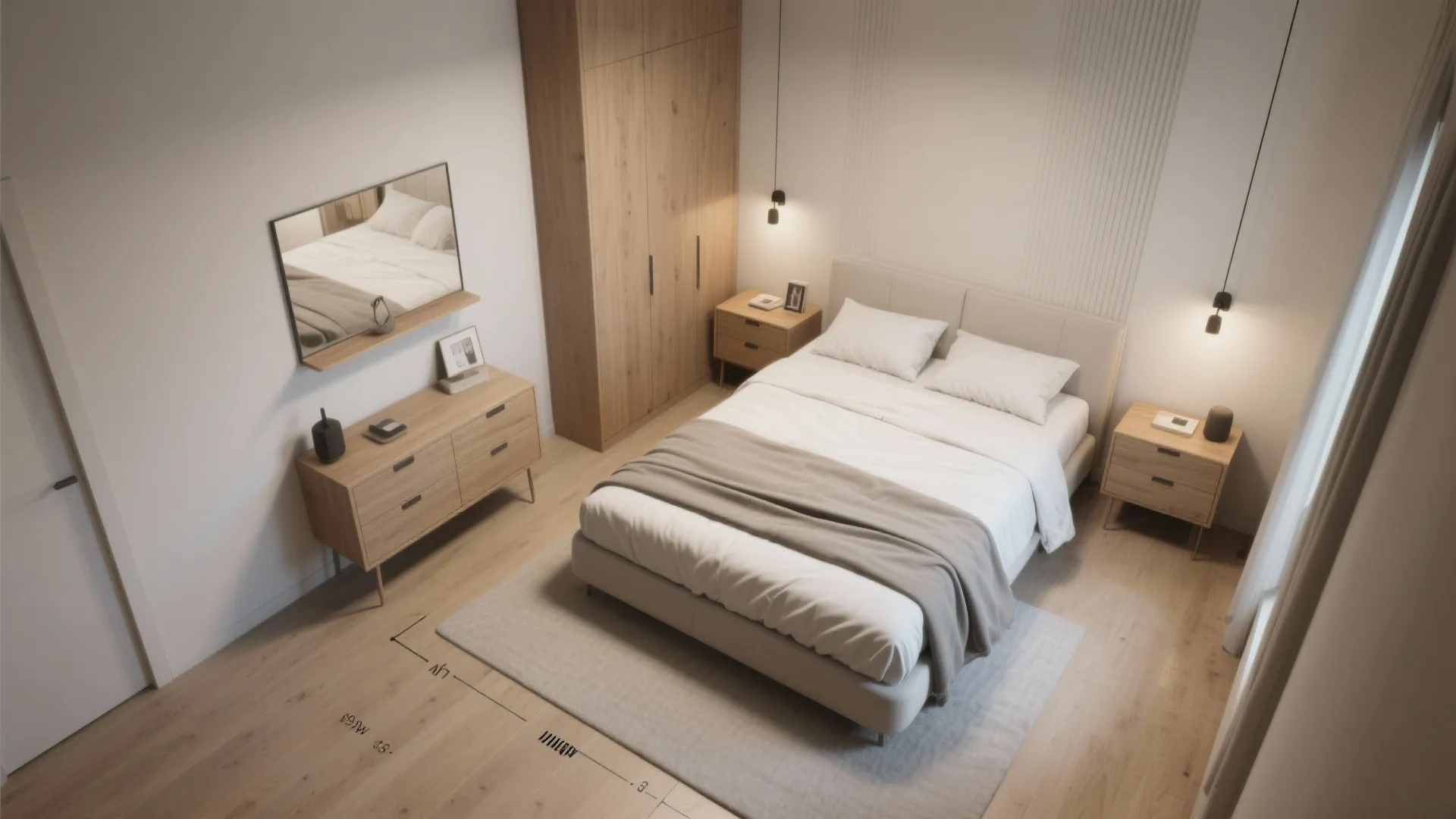 Top-down view of a compact bedroom layout with slim furniture profiles and floating nightstands for extra floor clearance.
