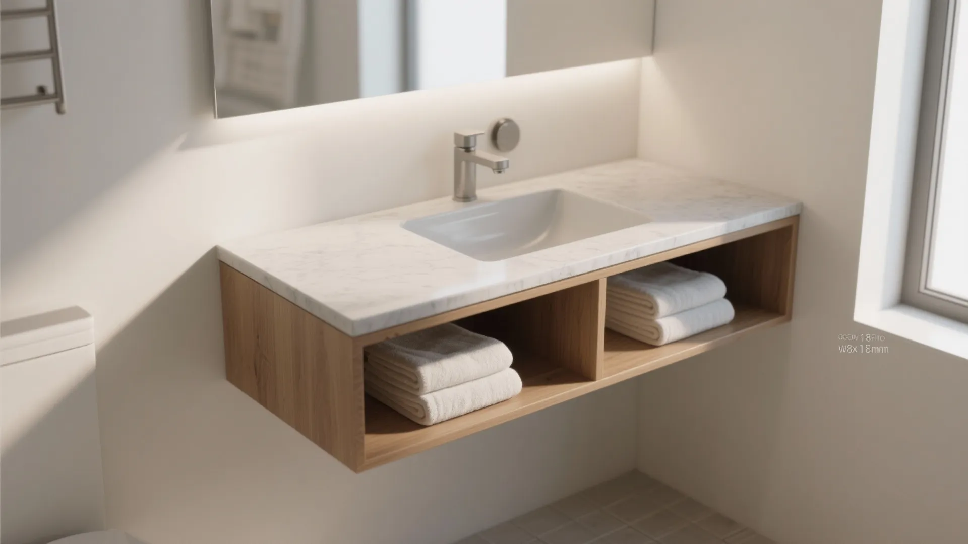 1. Slim floating vanity with open shelves